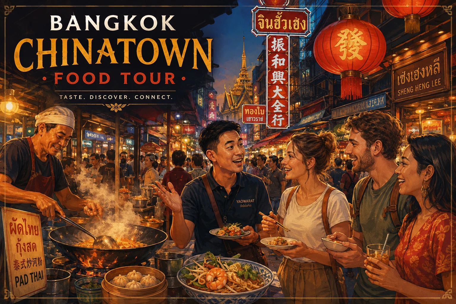 Illustration of a Bangkok Chinatown street-food tour