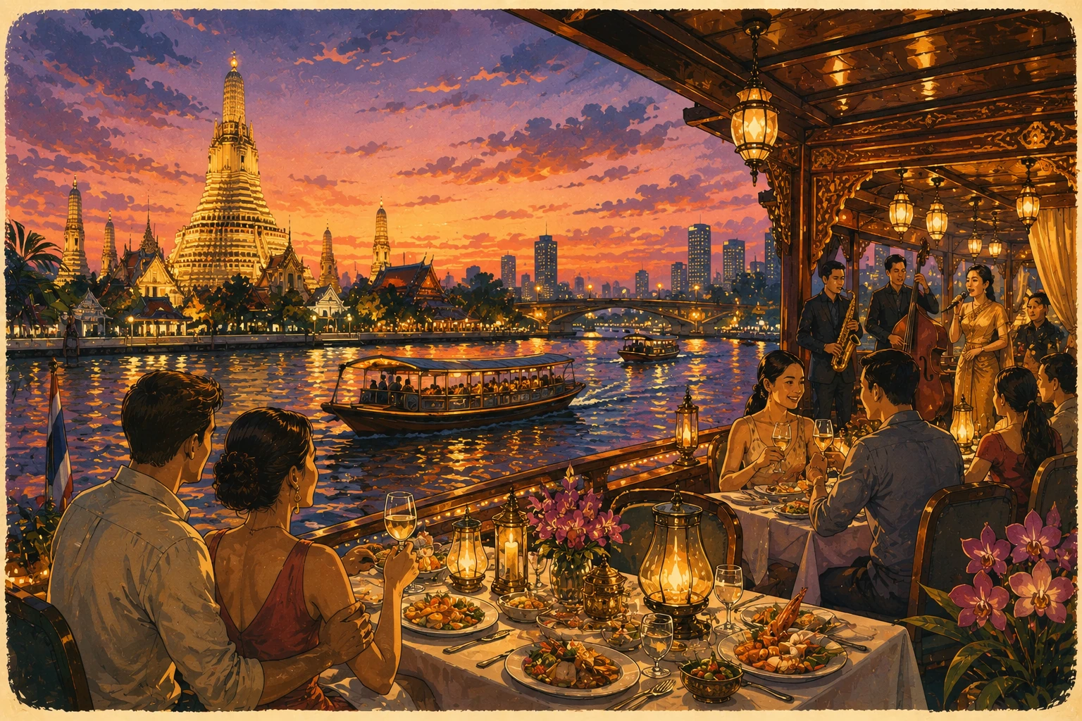 Illustration of a dinner cruise on Bangkok's Chao Phraya River
