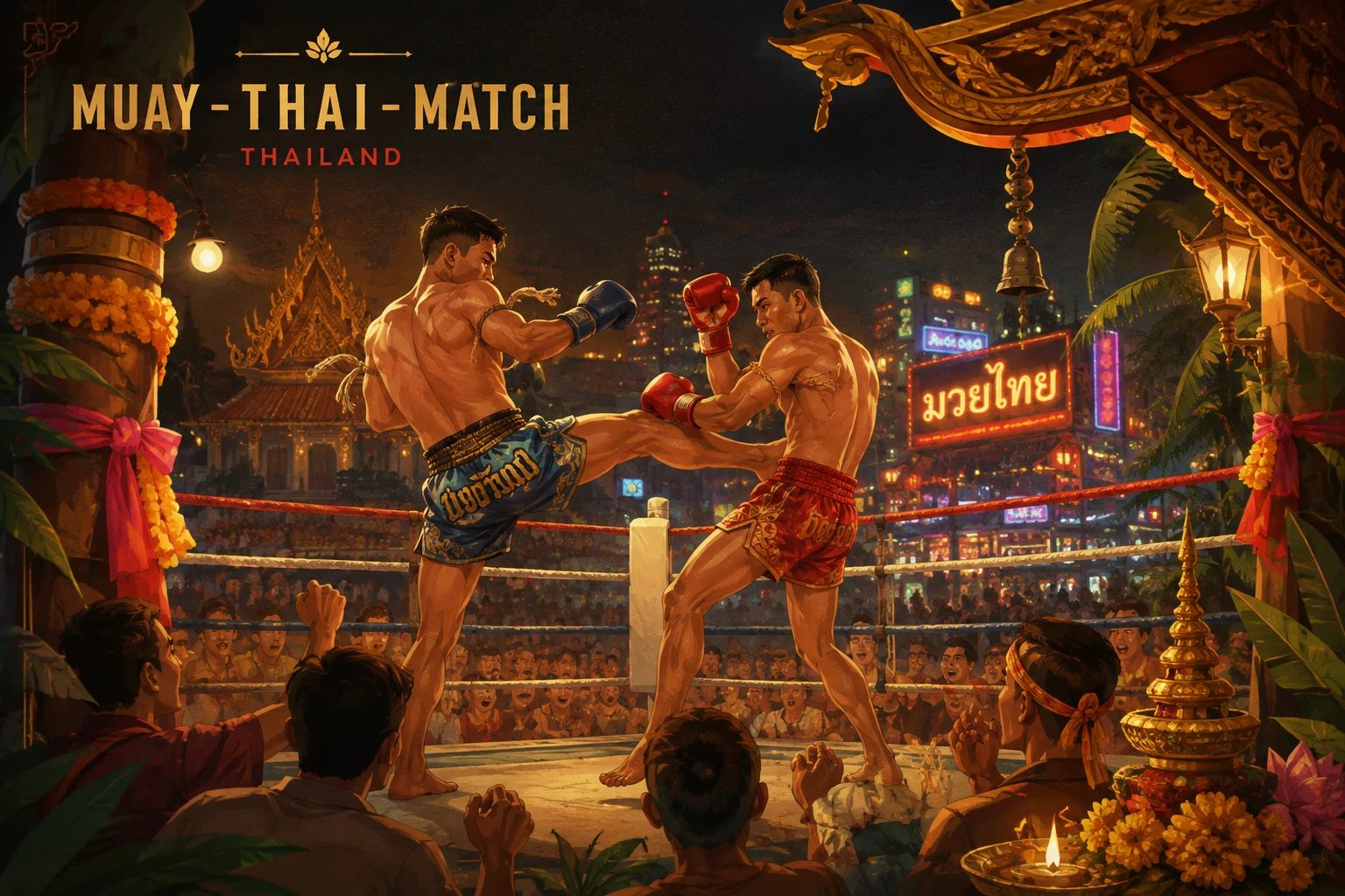 Illustration of a Muay Thai match in a Bangkok stadium