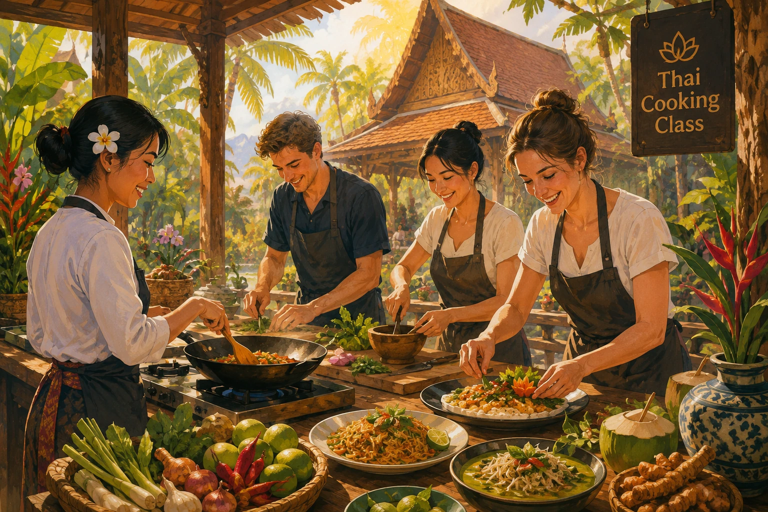 Illustration of a Thai cooking class in Bangkok
