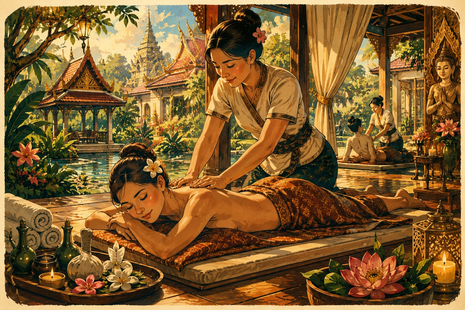 Illustration of a tranquil Thai massage and spa experience