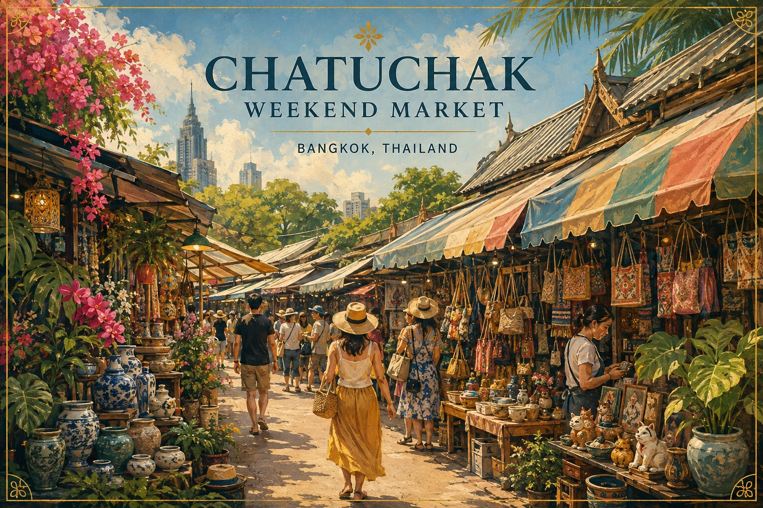 Illustration of colorful stalls at Chatuchak Weekend Market