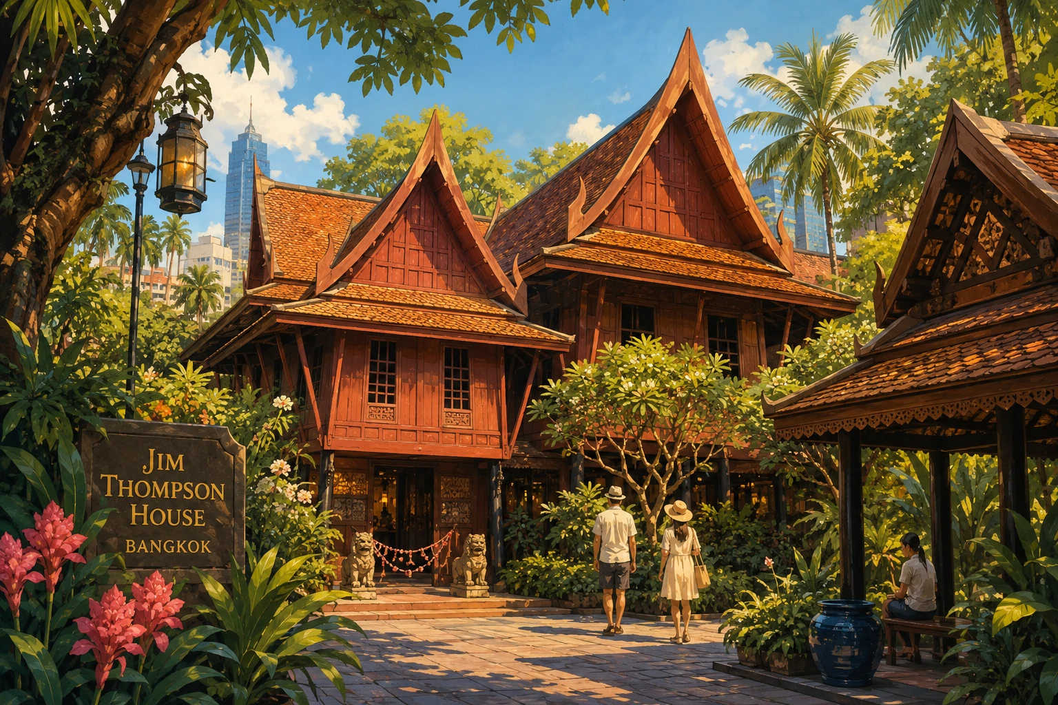 Illustration of the traditional teak buildings of Jim Thompson House