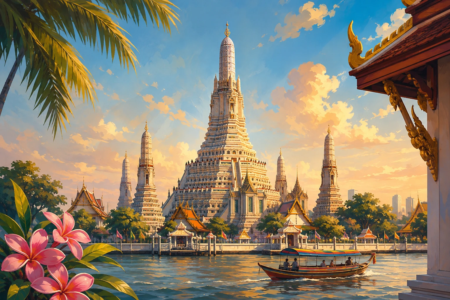 Illustration of Wat Arun beside the Chao Phraya River