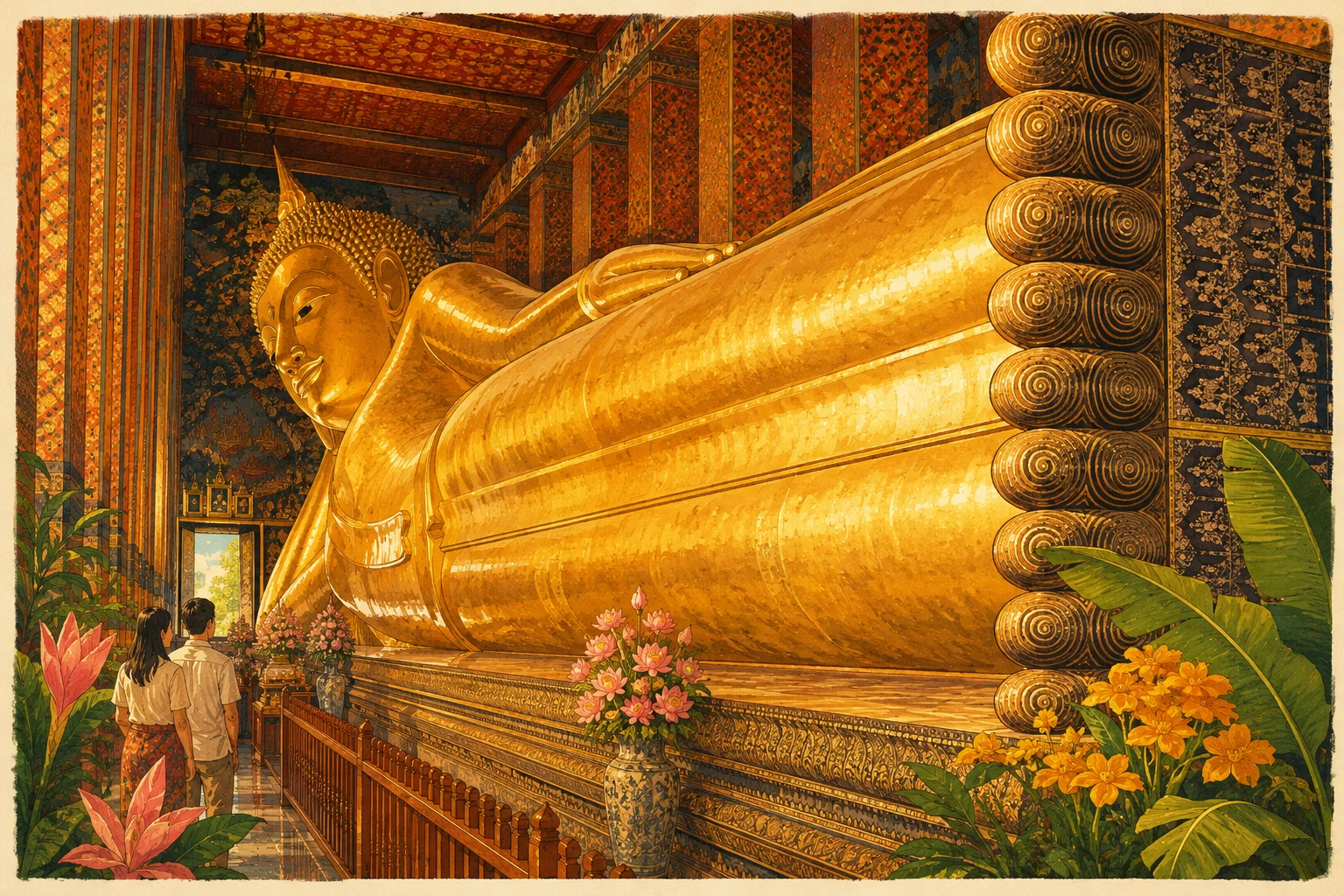 Illustration of Wat Pho and its colorful stupas in Bangkok