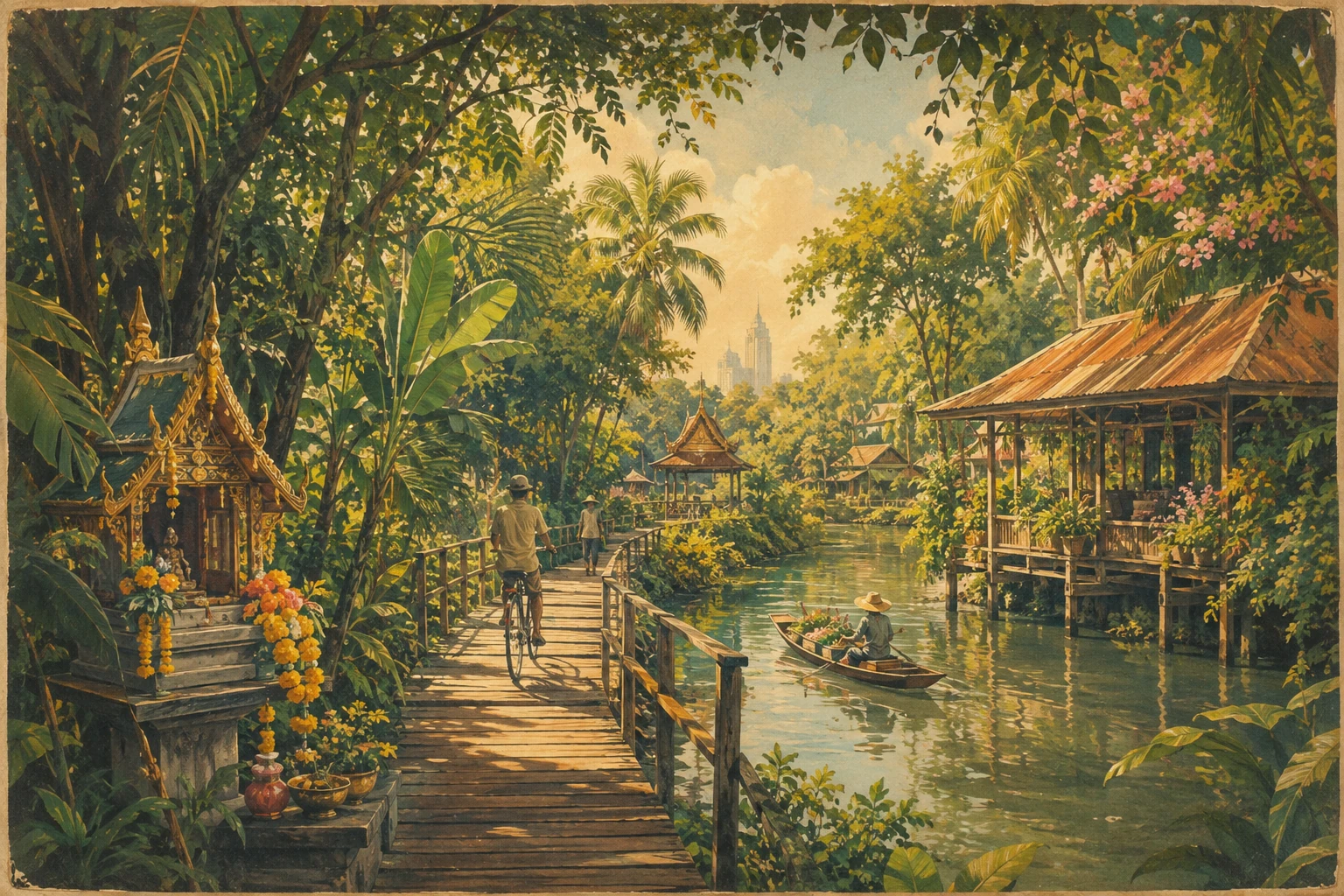 Illustration of cyclists exploring green Bang Krachao near Bangkok