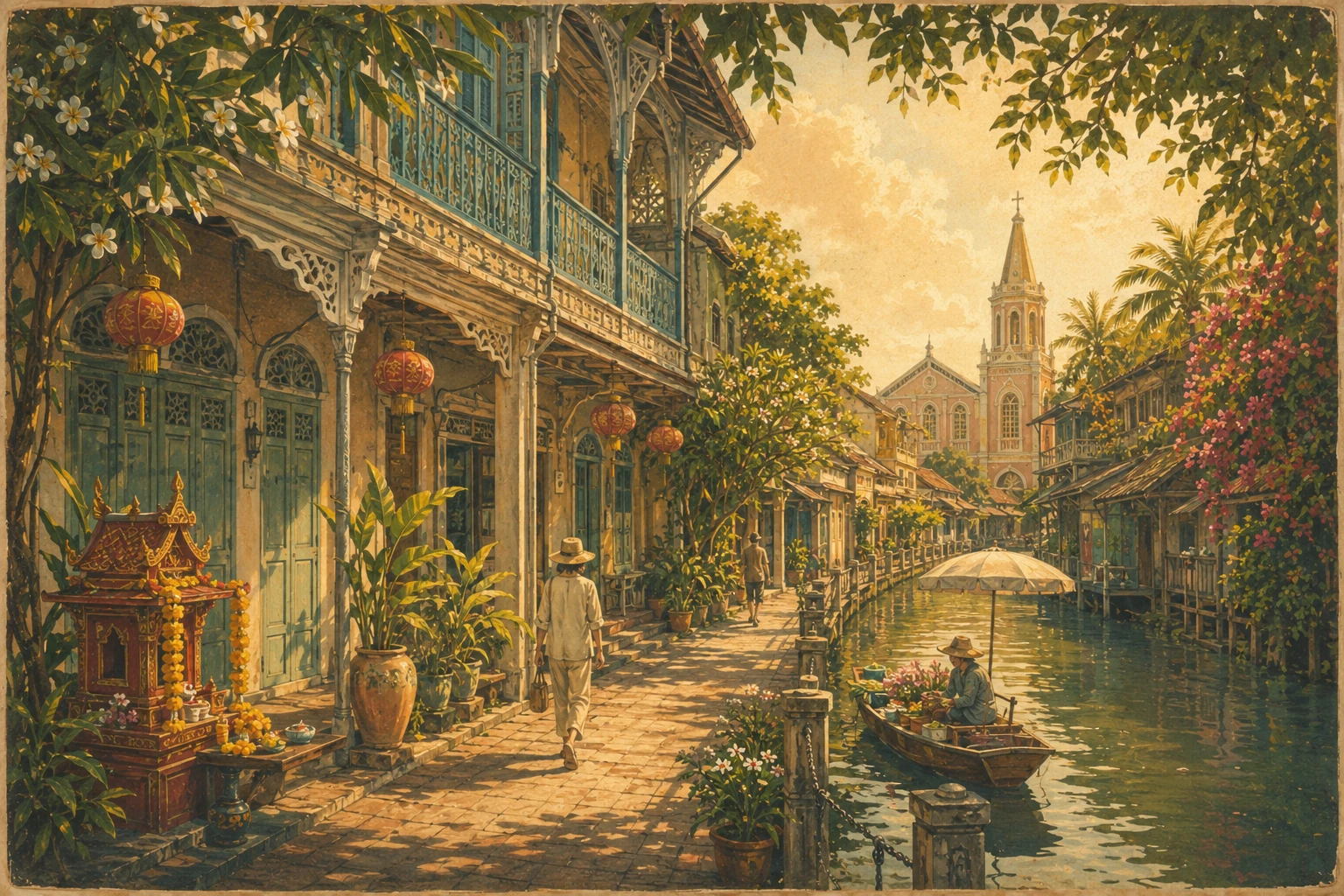 Illustration of Bangkok's historic Kudeejeen neighborhood