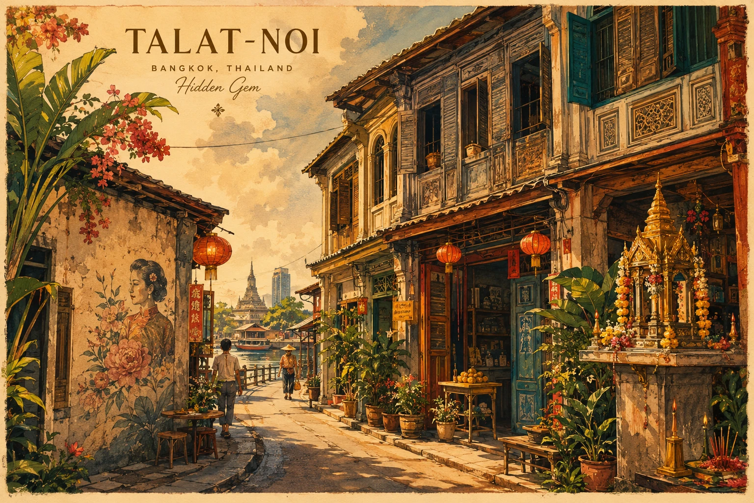 Illustration of street art and historic lanes in Talat Noi, Bangkok