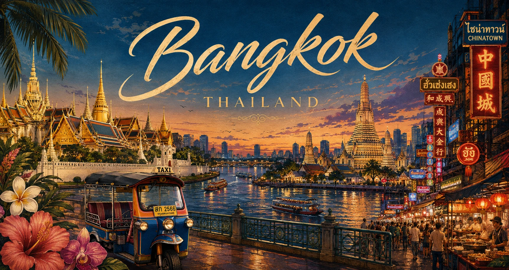 Vintage illustrated panorama of Bangkok with temples, river boats, skyline, and travelers