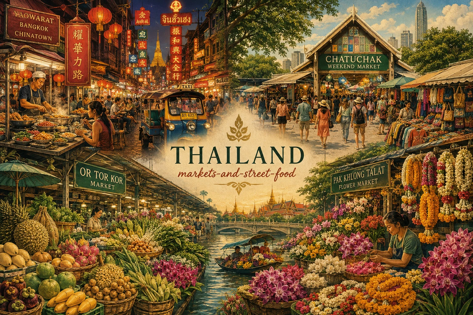Illustrated Bangkok route through markets and street-food streets