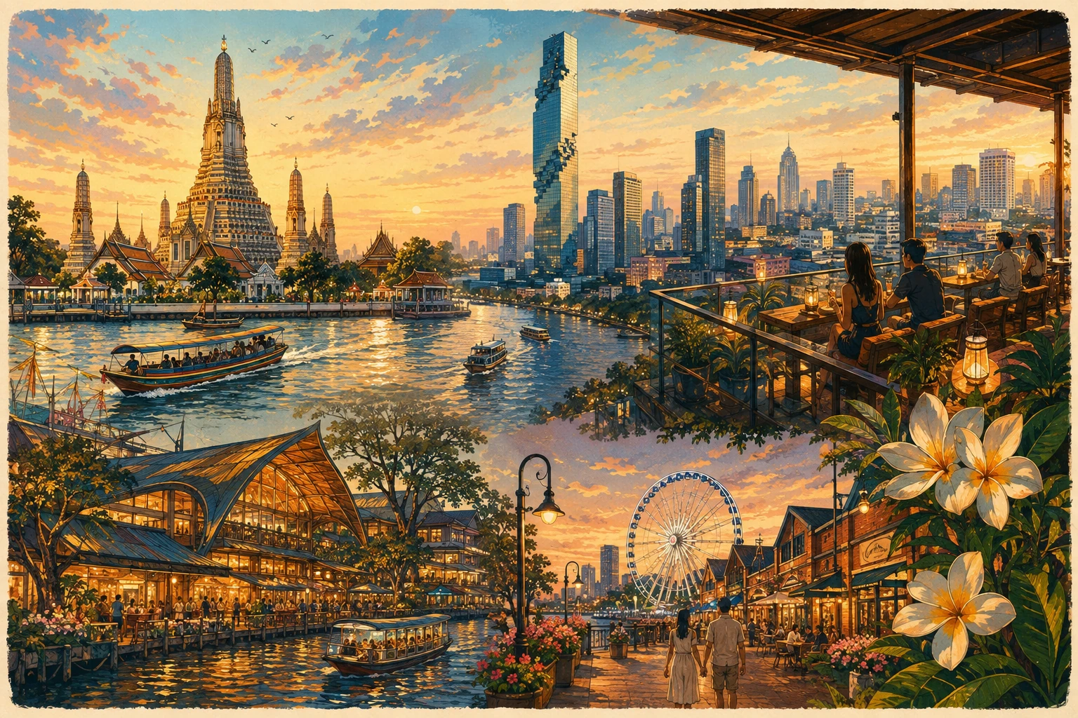 Illustrated Bangkok skyline and Chao Phraya riverside route