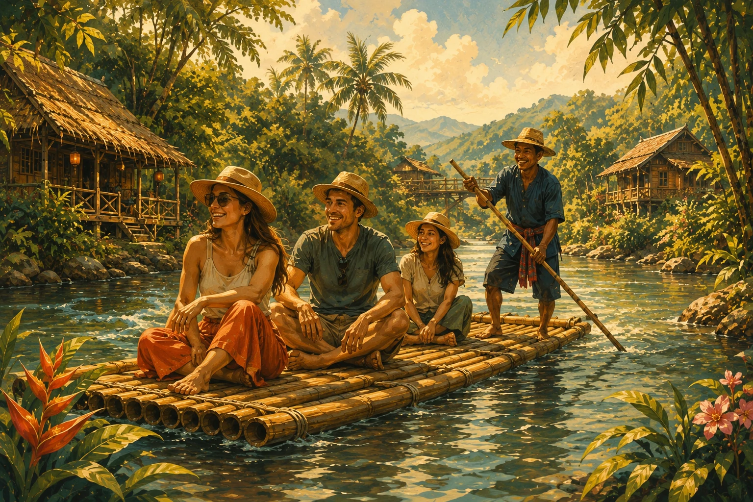 Vintage illustration of bamboo rafting near Chiang Mai