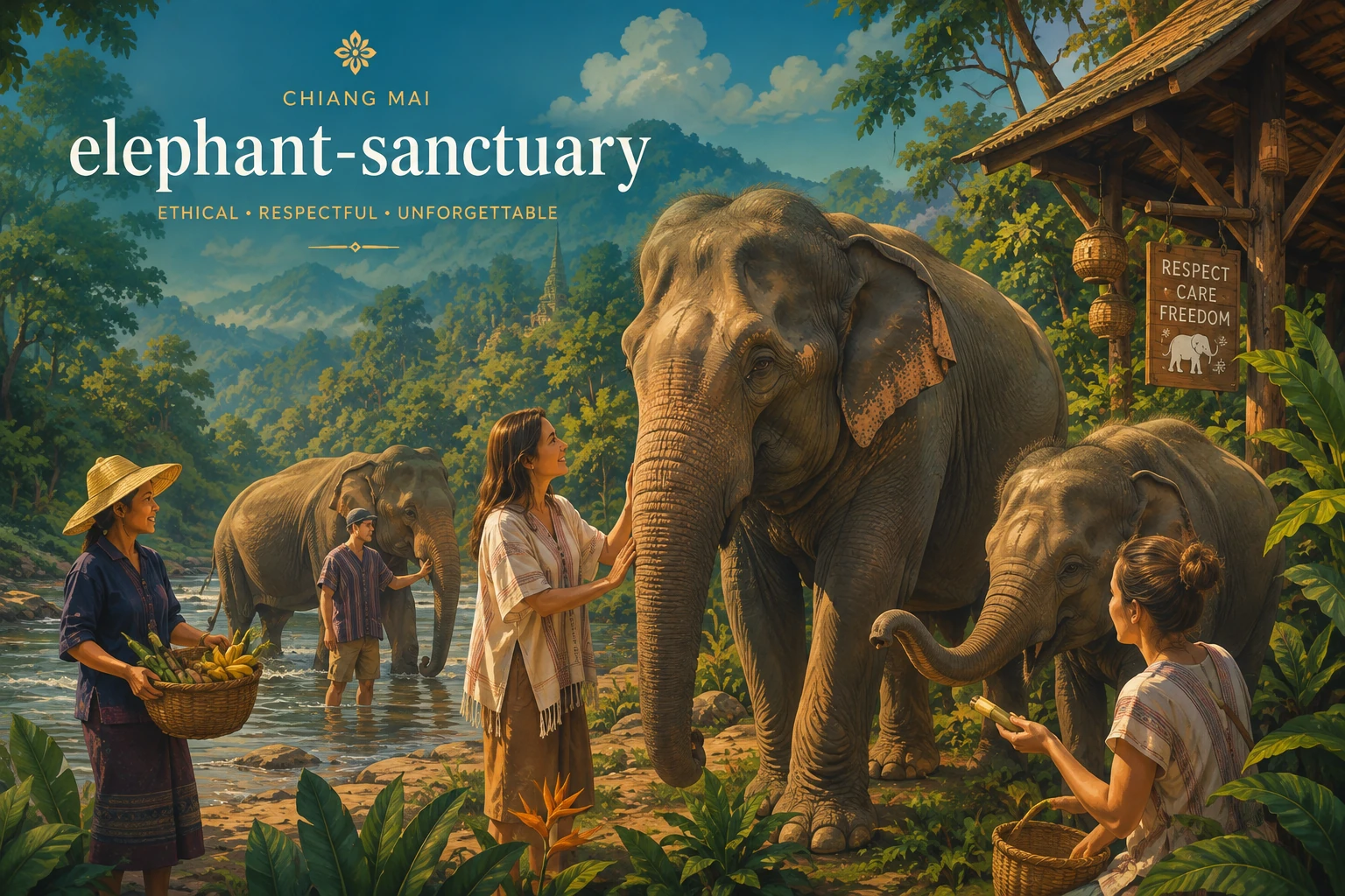 Vintage illustration of an elephant sanctuary near Chiang Mai
