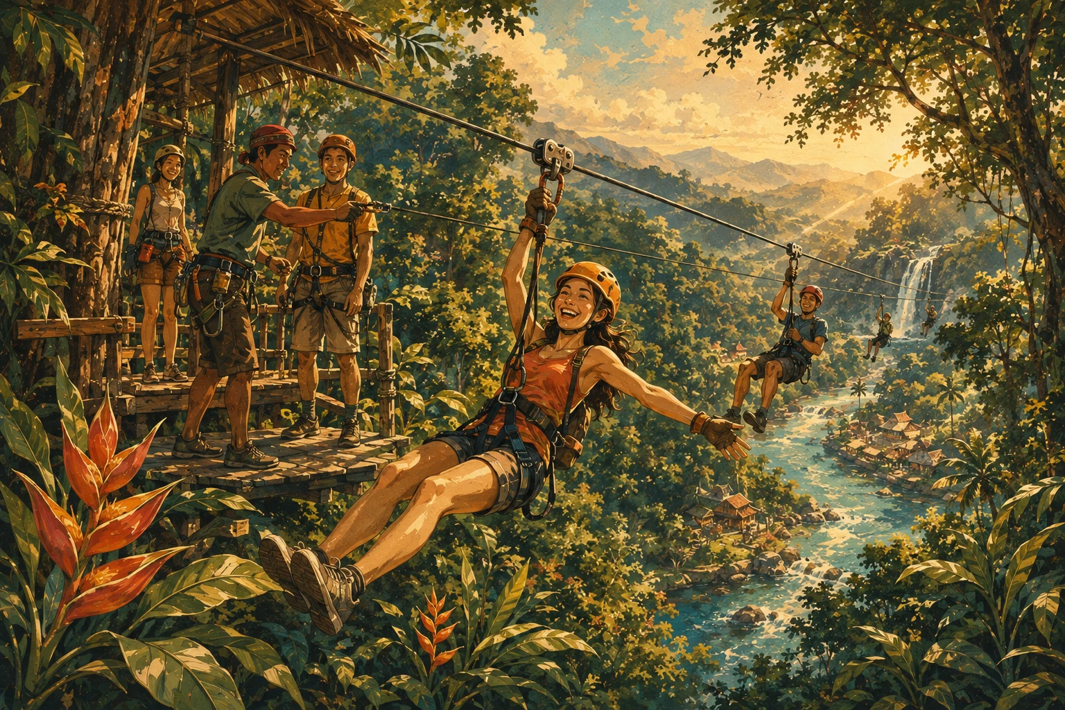 Vintage illustration of a jungle zipline near Chiang Mai
