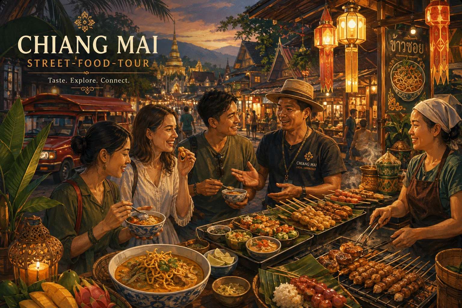 Vintage illustration of a Chiang Mai street-food tour