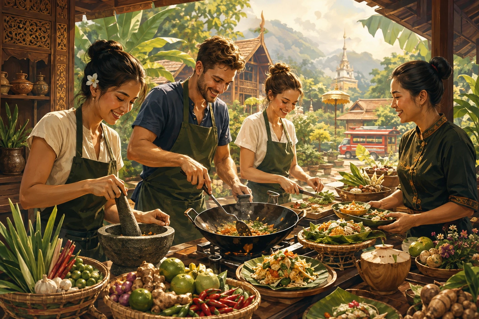 Vintage illustration of a Thai cooking class in Chiang Mai