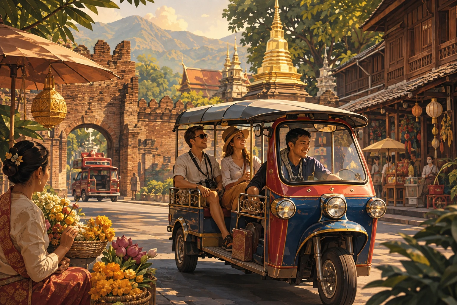 Vintage illustration of a tuk-tuk in Chiang Mai