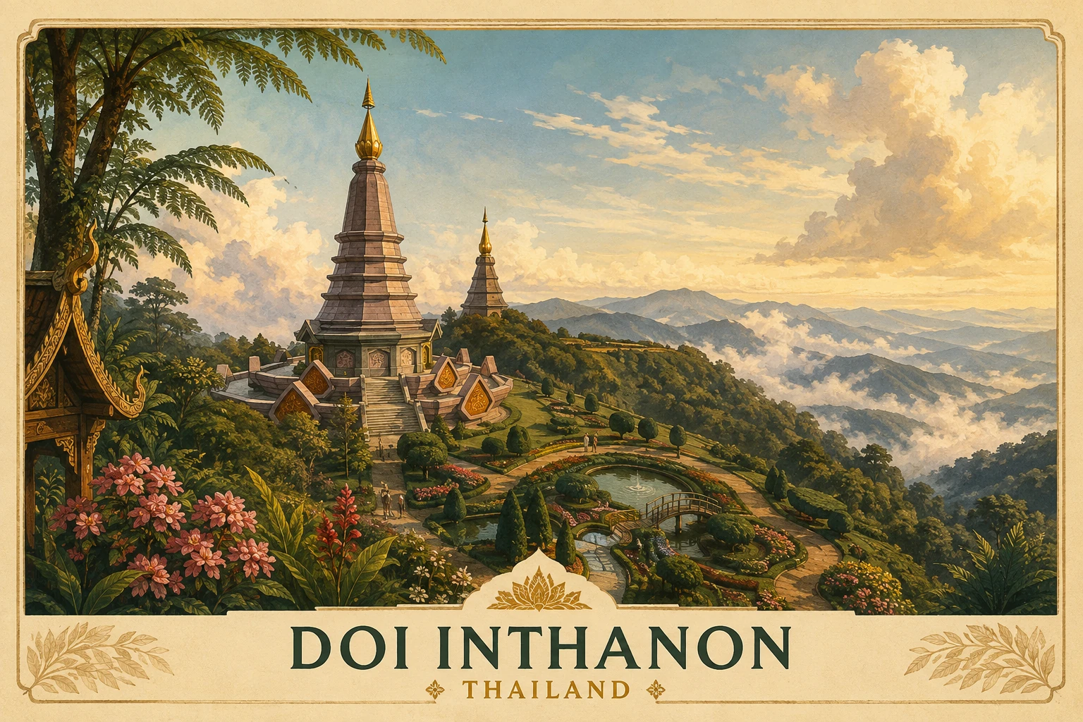Vintage illustration of Doi Inthanon's twin pagodas and mountain landscape
