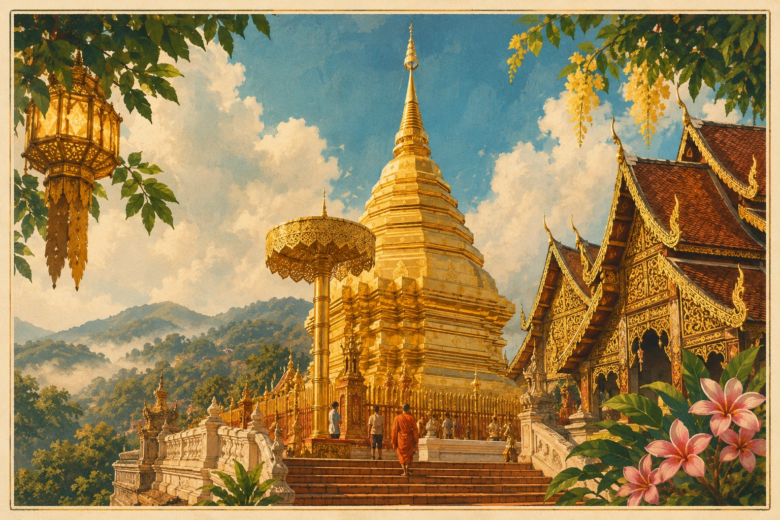 Vintage illustration of Wat Phra That Doi Suthep above Chiang Mai