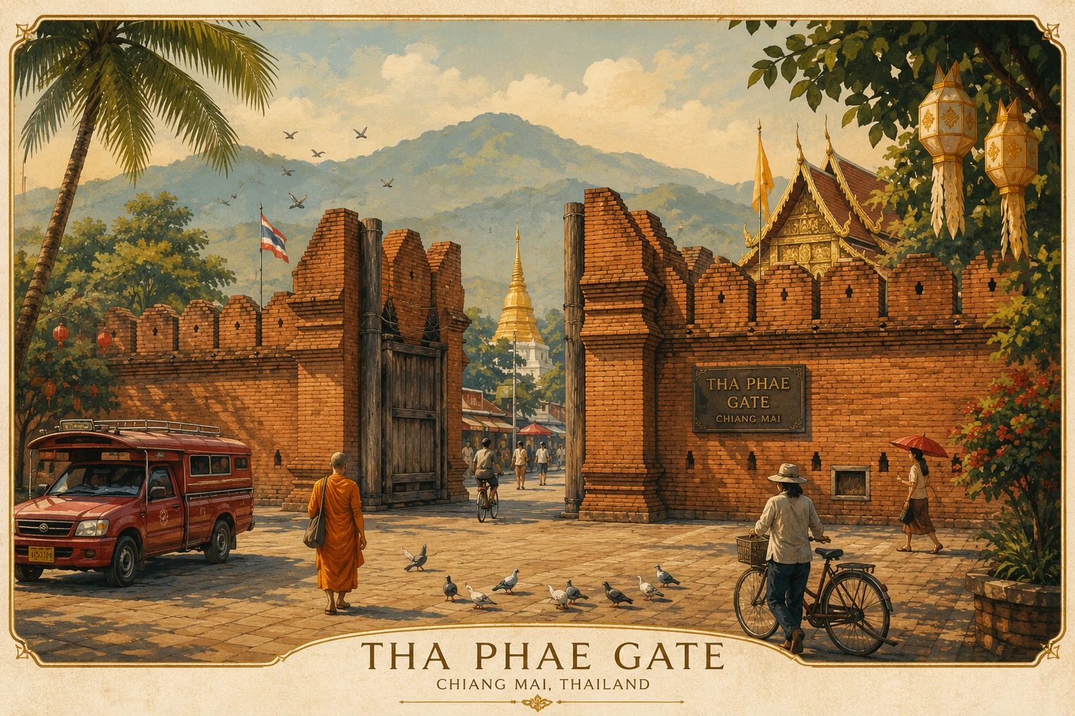 Vintage illustration of Tha Phae Gate in Chiang Mai