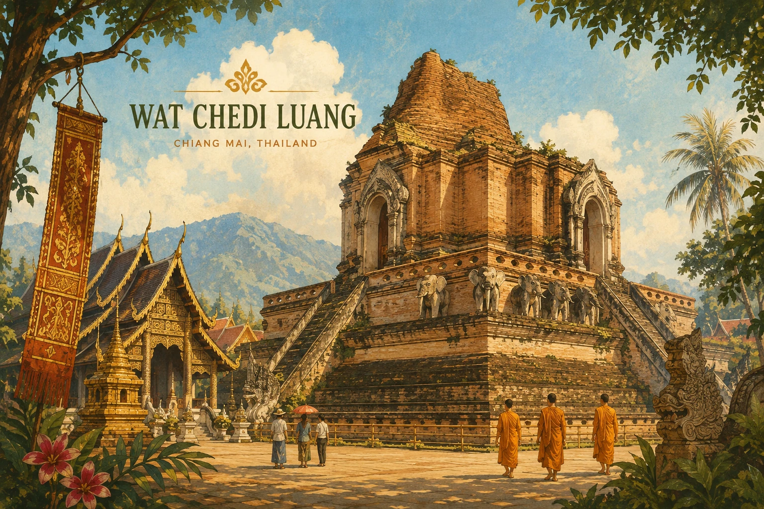 Vintage illustration of Wat Chedi Luang in Chiang Mai