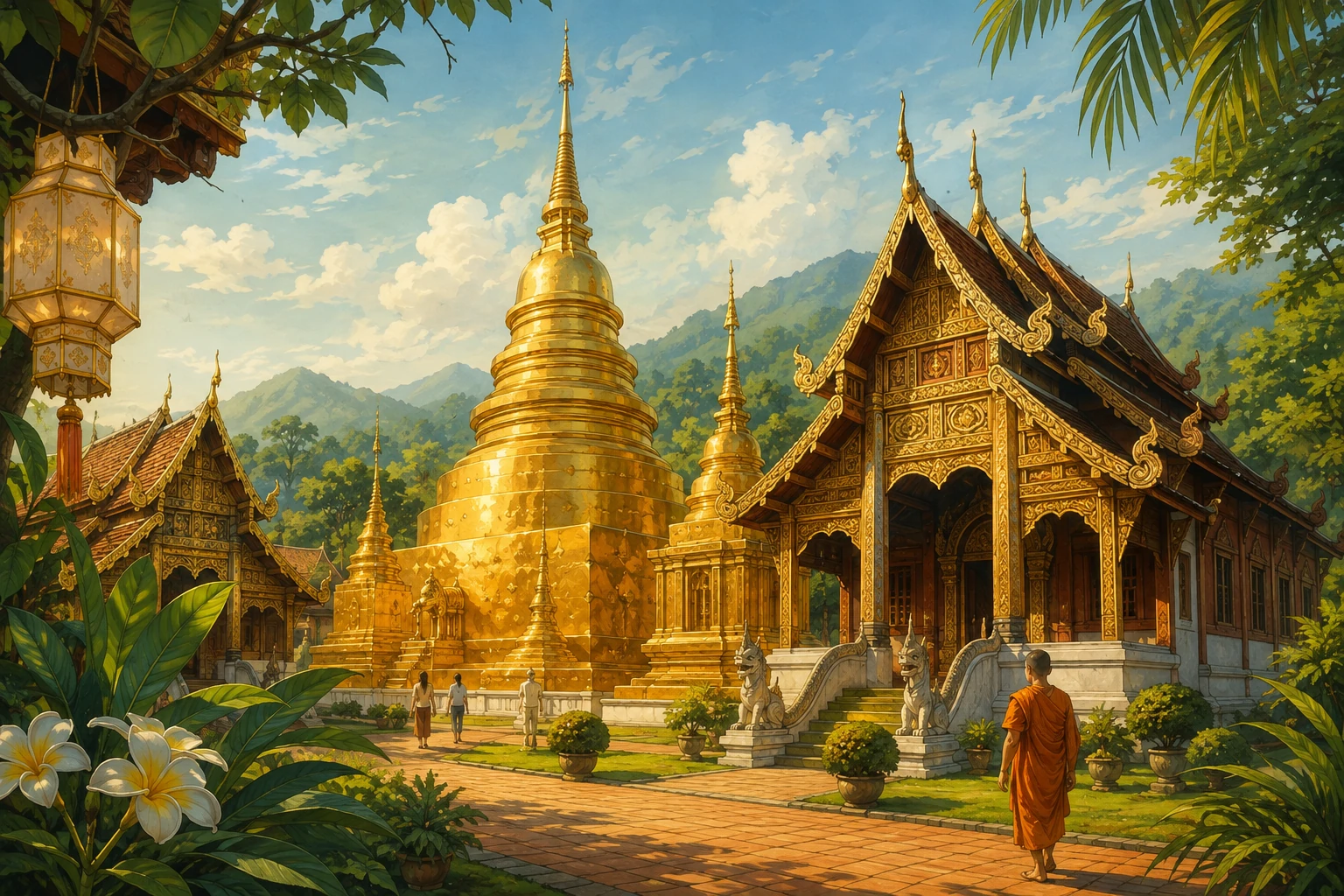 Vintage illustration of Wat Phra Singh in Chiang Mai