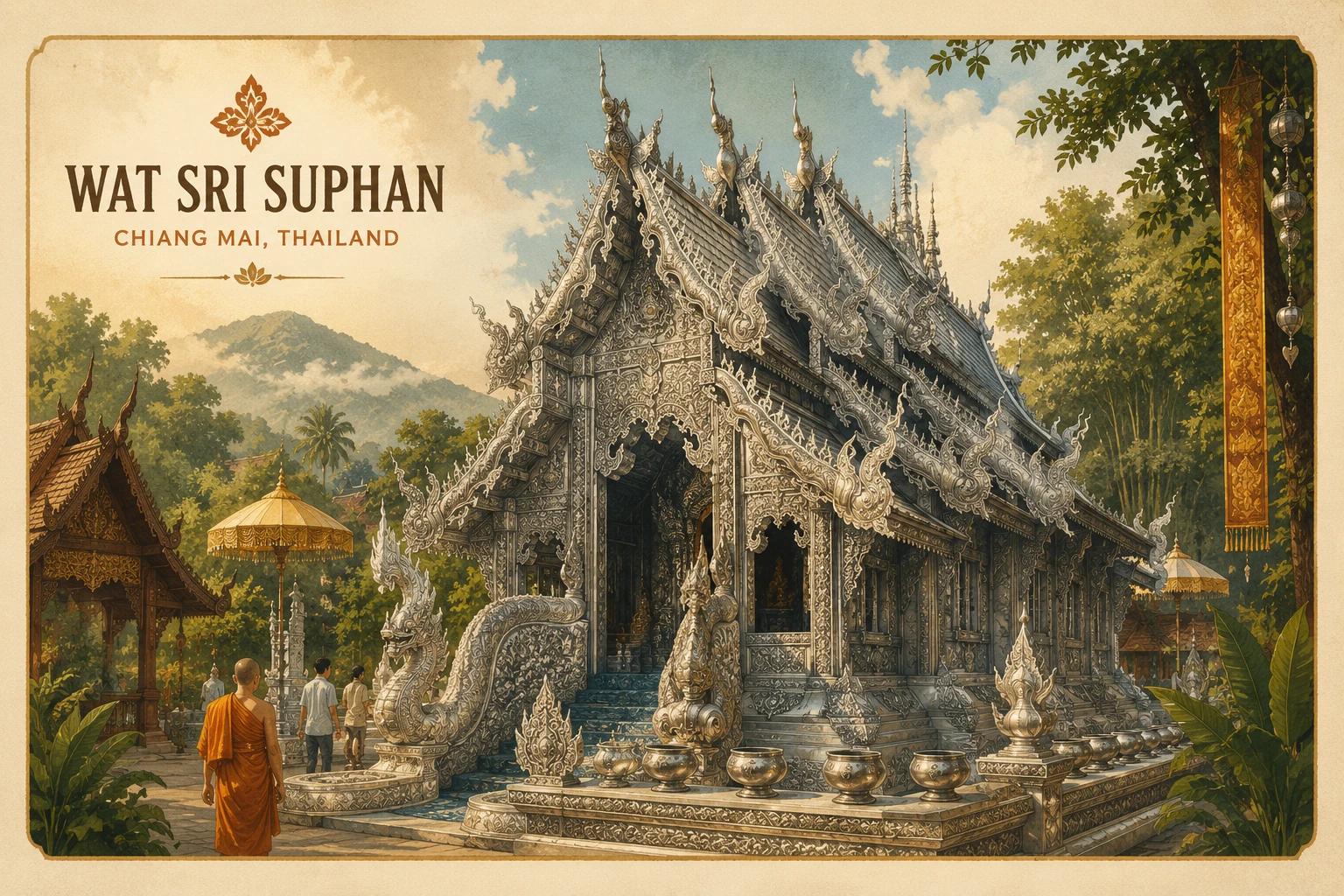 Vintage illustration of the Silver Temple Wat Sri Suphan