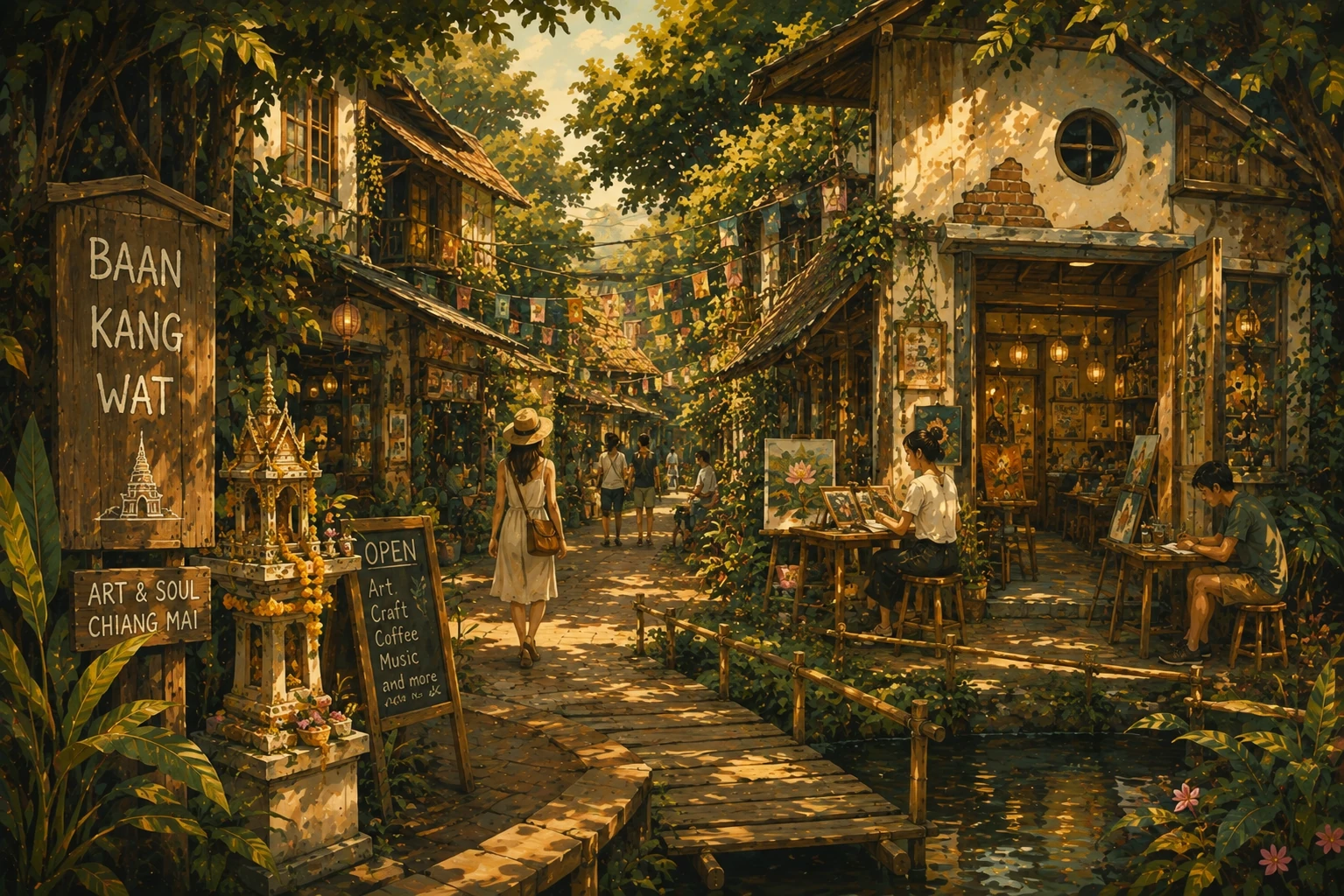 Vintage illustration of Baan Kang Wat artist village in Chiang Mai
