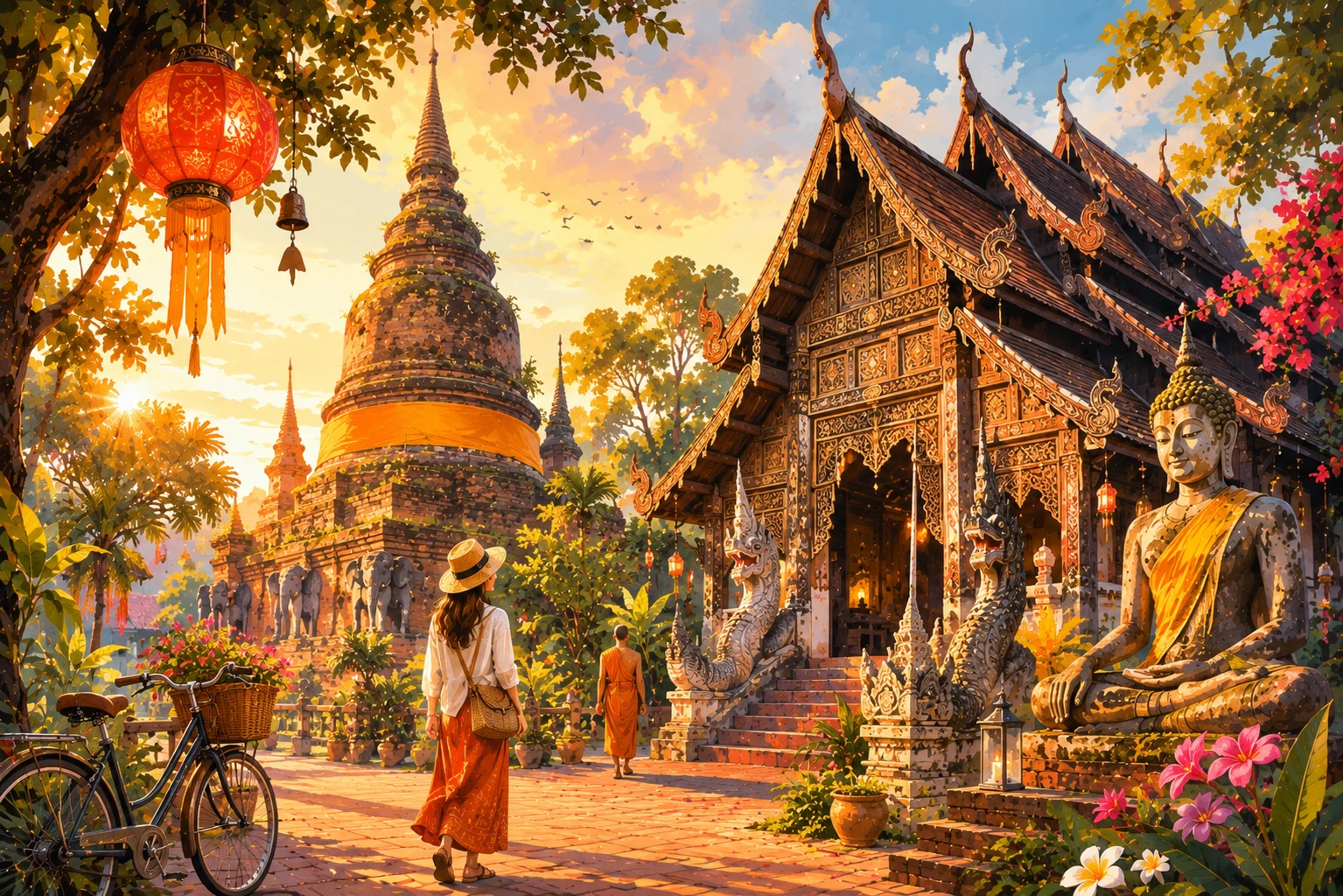 Vintage illustration of Wat Lok Moli in Chiang Mai