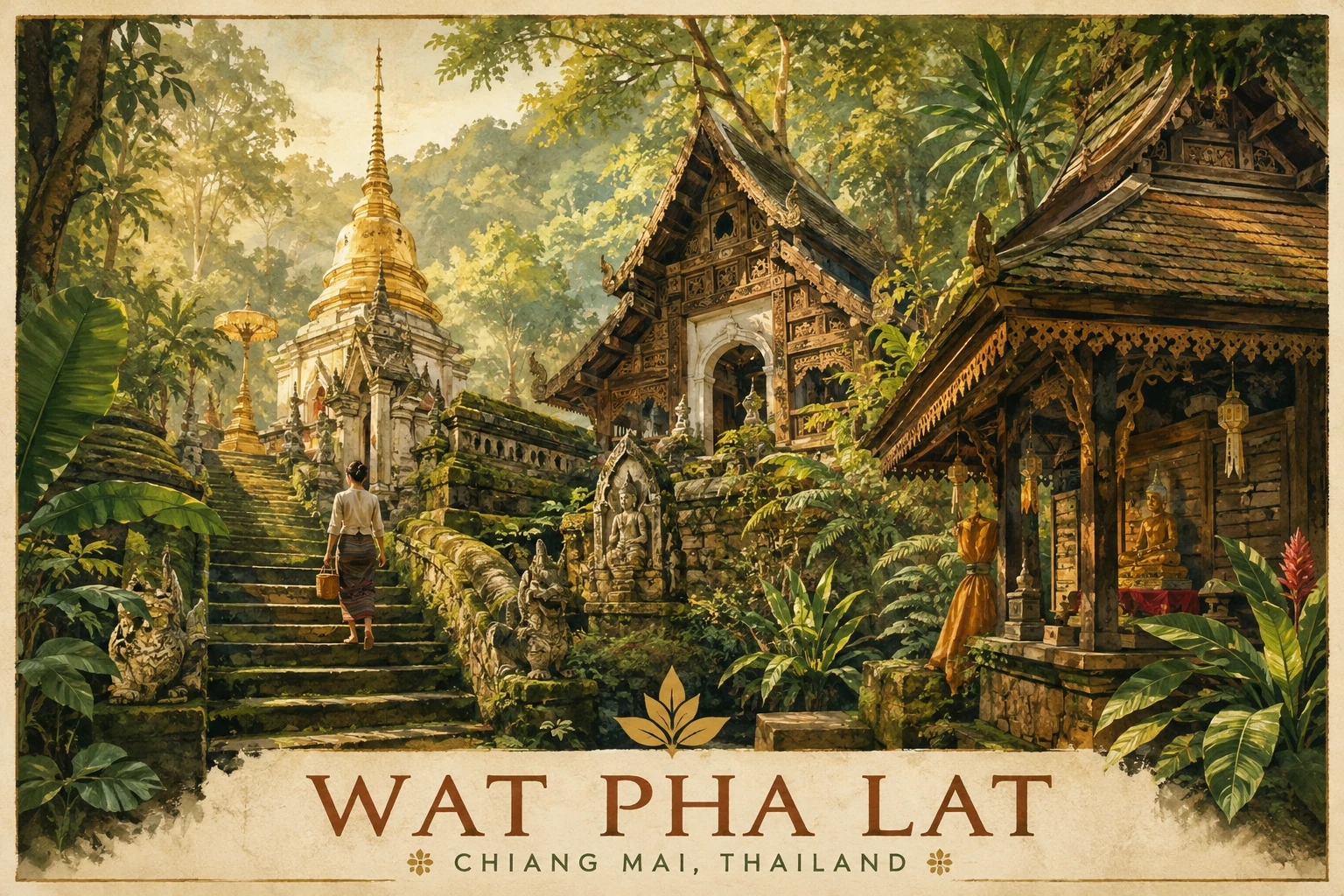 Vintage illustration of forest temple Wat Pha Lat near Chiang Mai