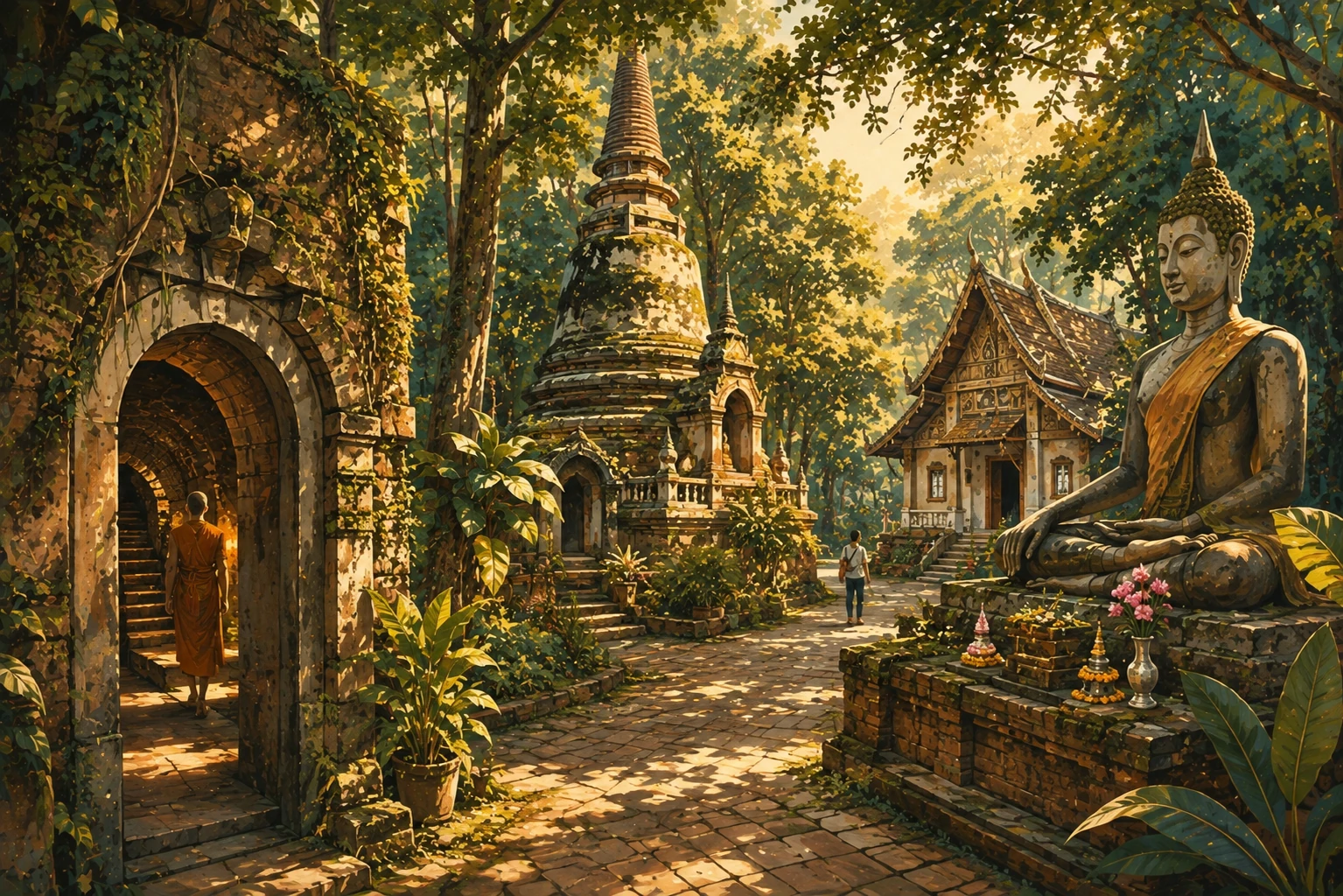 Vintage illustration of Wat Umong's forest paths and tunnel temple