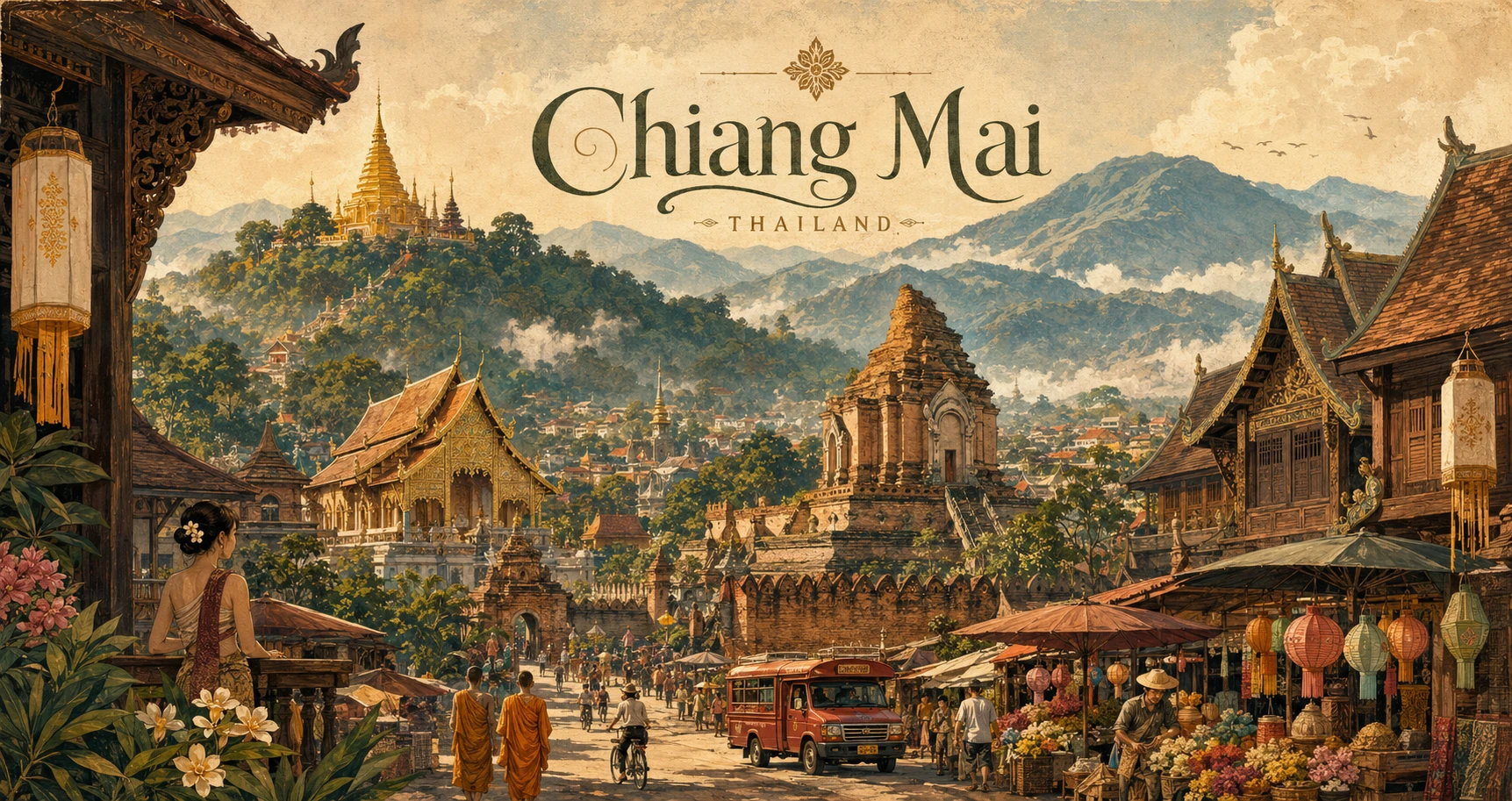 Vintage illustrated panorama of Chiang Mai temples, mountains, markets, and travelers