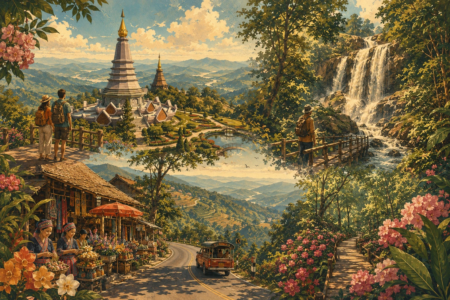 Illustrated route through Doi Inthanon National Park and waterfalls