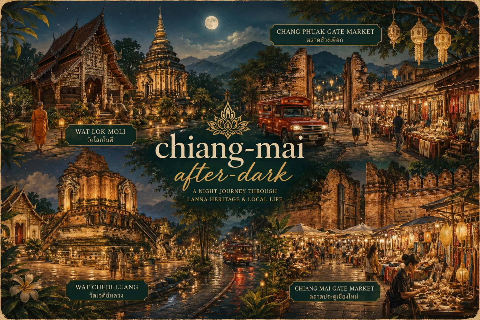 Illustrated evening route through Chiang Mai's markets and food stalls