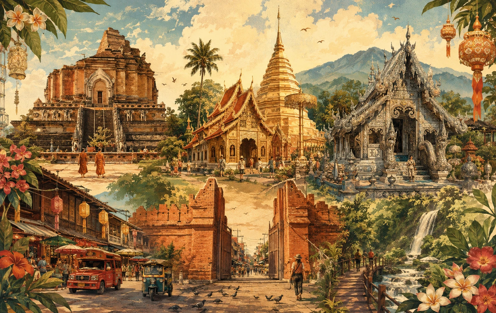 Illustrated route through Chiang Mai's Old City temples and gates