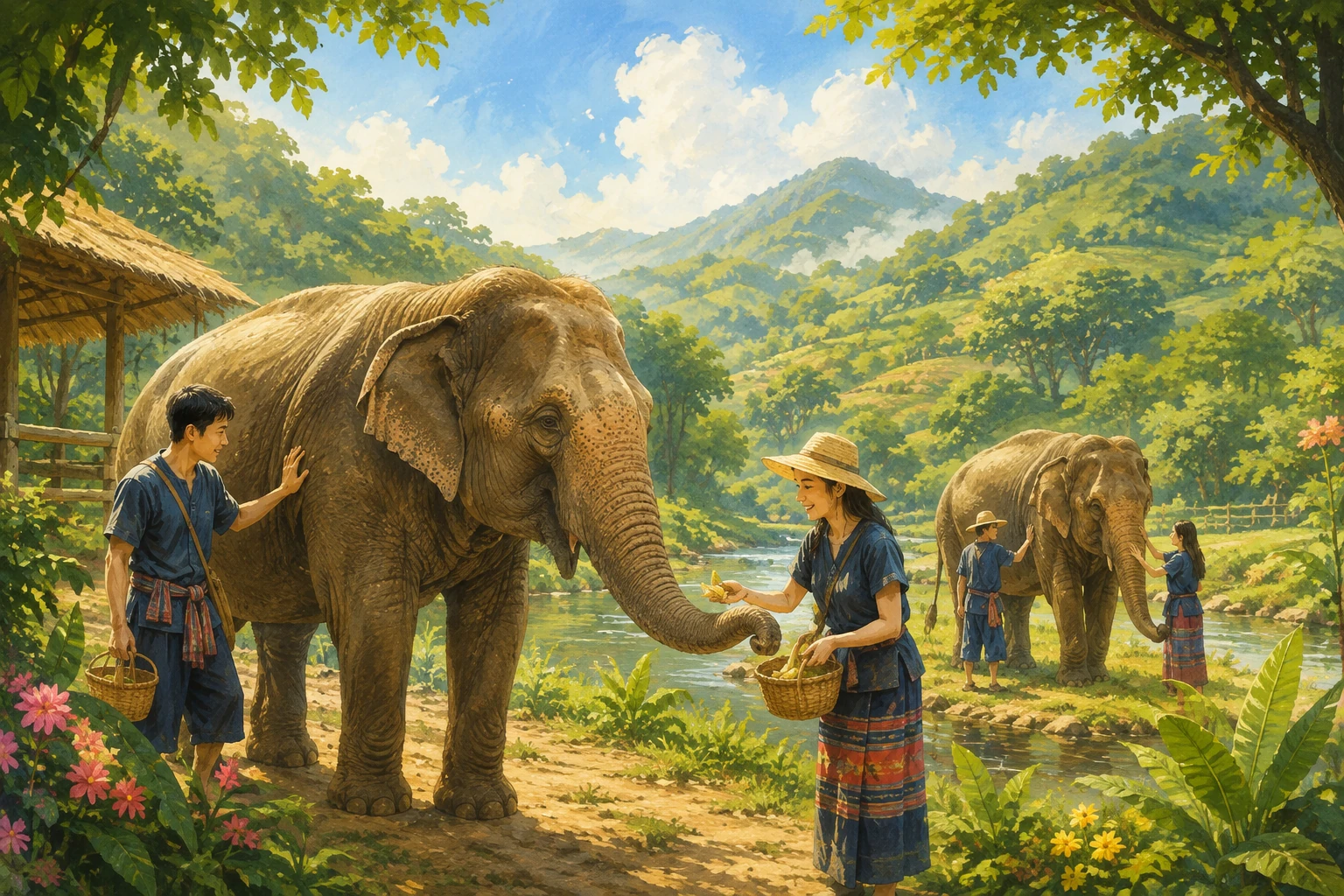 Vintage illustration of an elephant sanctuary experience near Chiang Rai