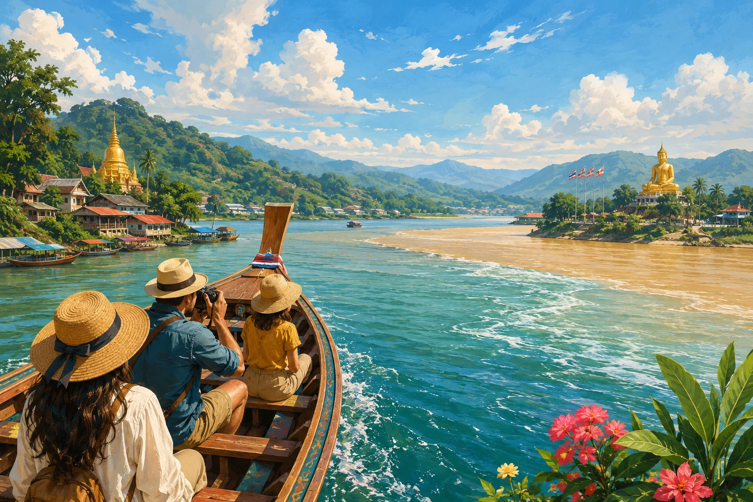 Vintage illustration of a Golden Triangle boat experience near Chiang Rai