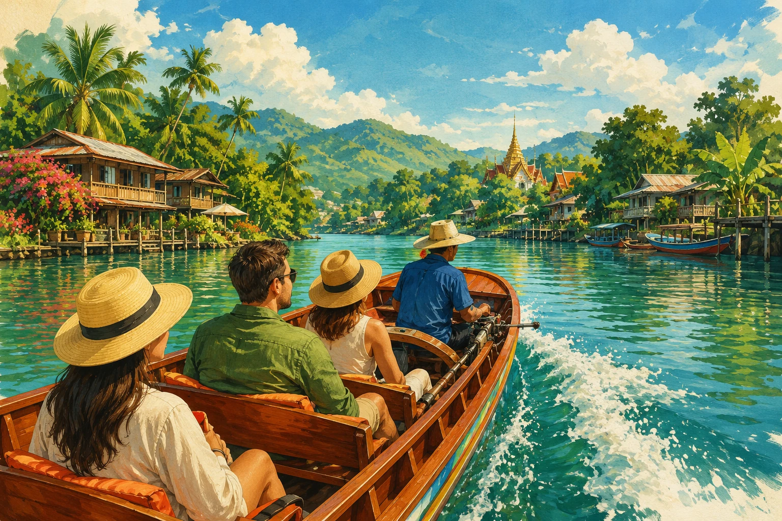 Vintage illustration of a longtail boat on the Mae Kok River in Chiang Rai