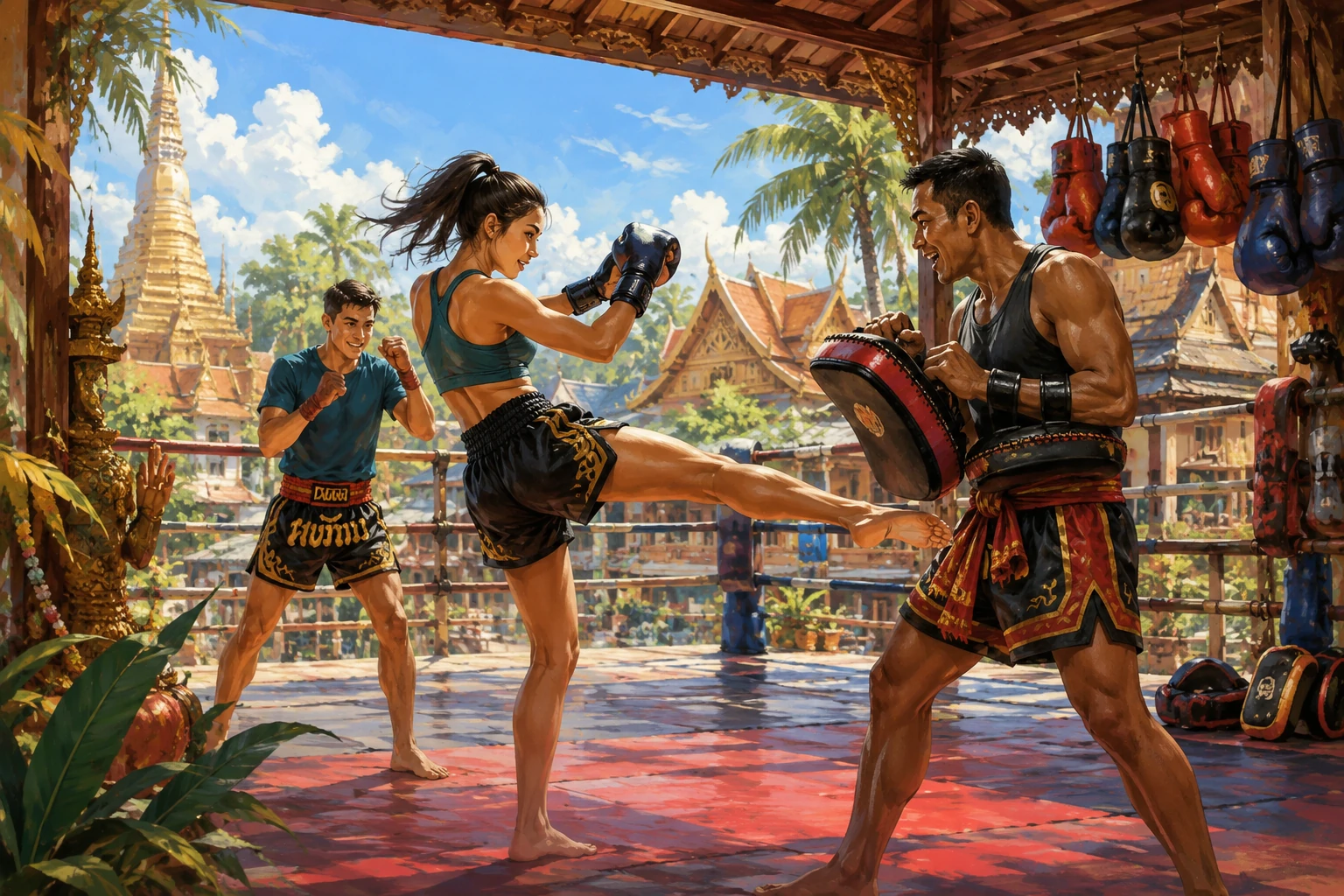 Vintage illustration of a beginner Muay Thai class in Chiang Rai