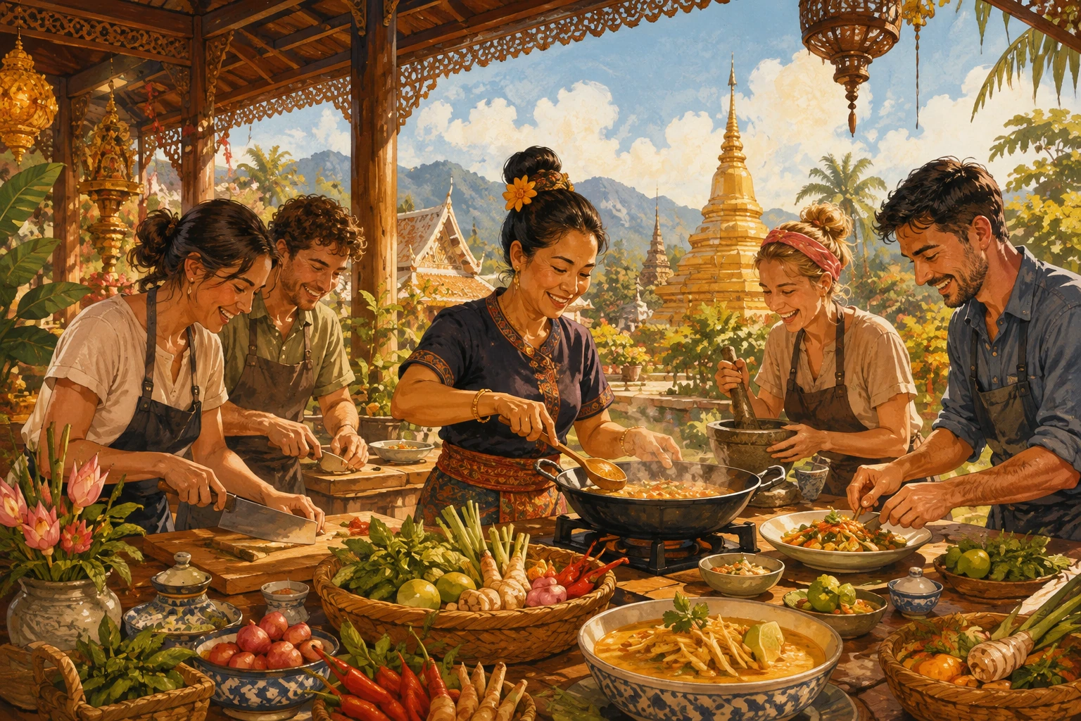 Vintage illustration of a Thai cooking class in Chiang Rai