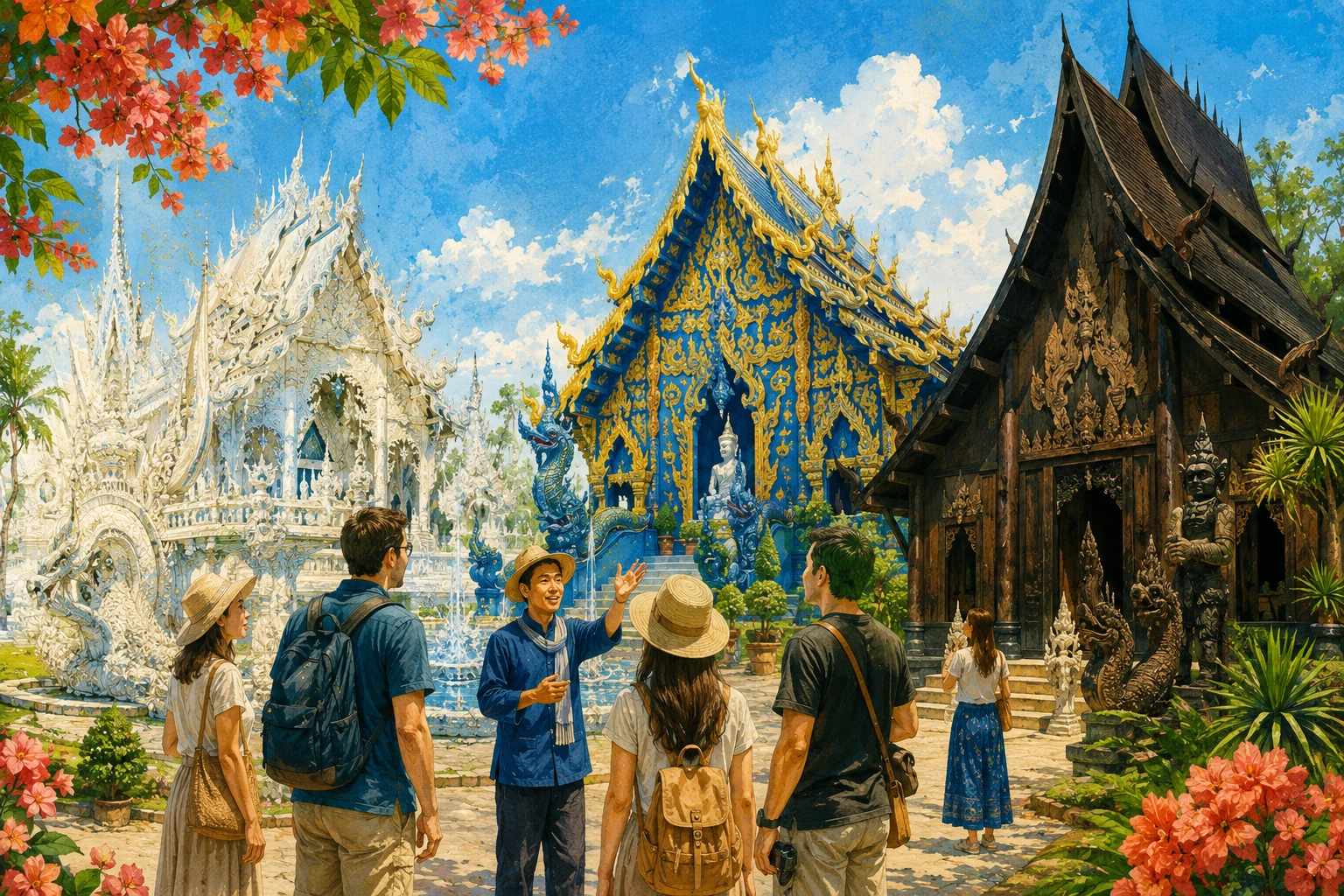 Vintage illustration of Chiang Rai's White Temple, Blue Temple, and Black House tour