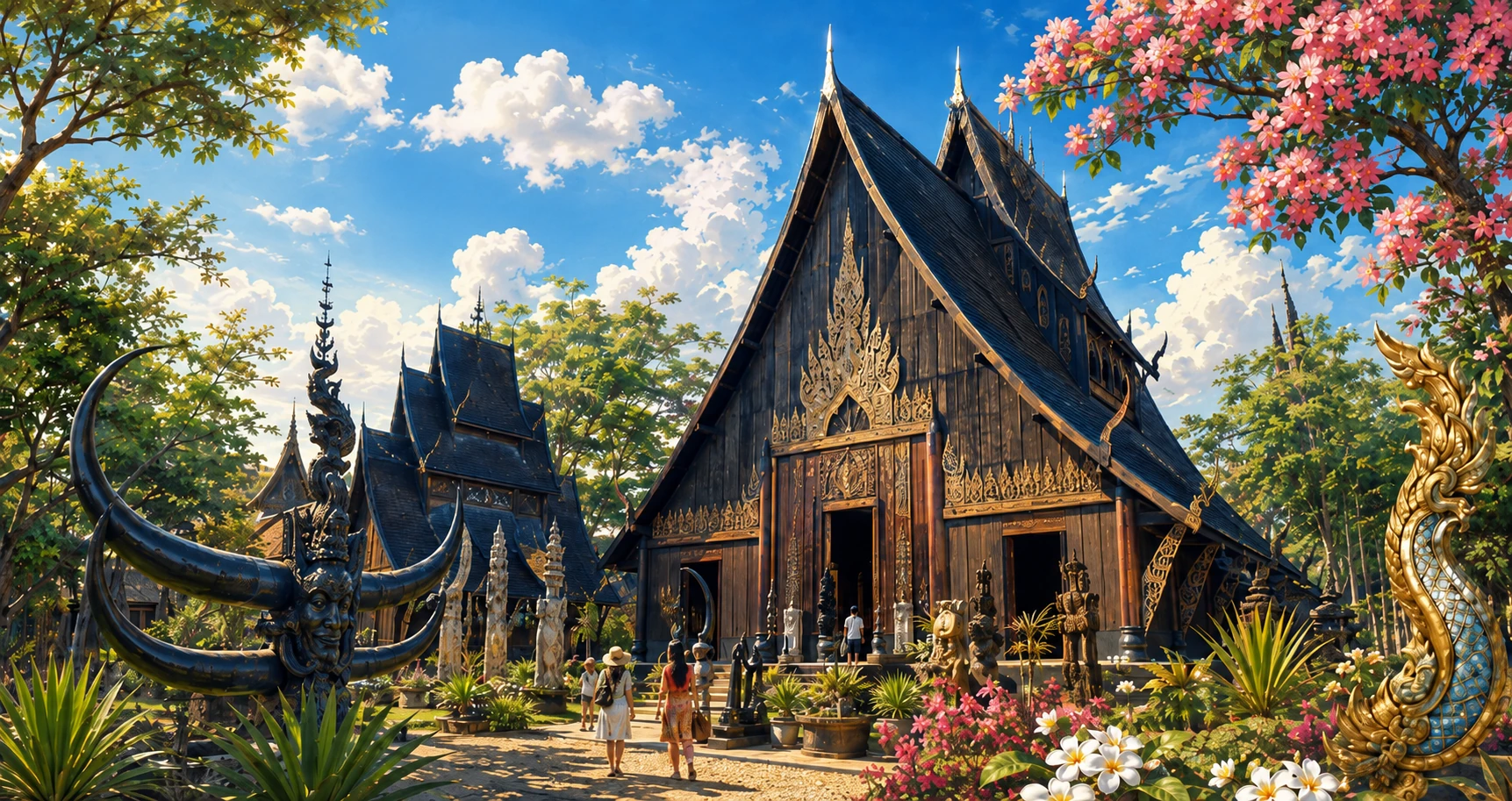 Vintage illustration of Baan Dam Black House Museum in Chiang Rai