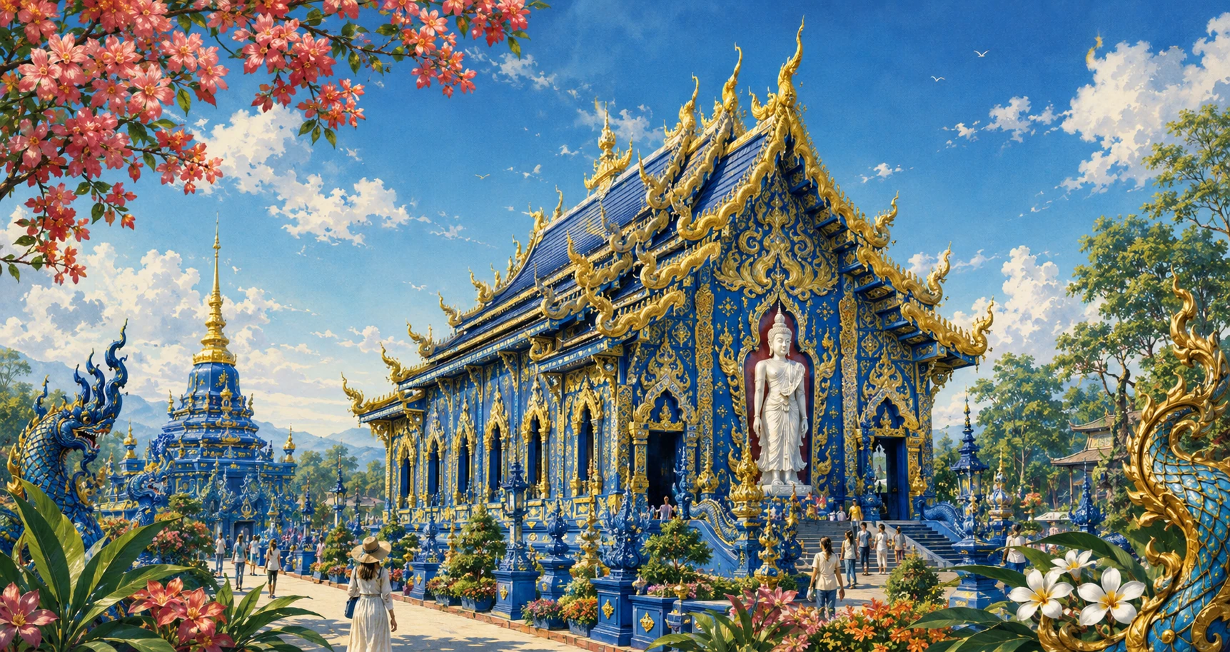 Vintage illustration of the Blue Temple Wat Rong Suea Ten in Chiang Rai