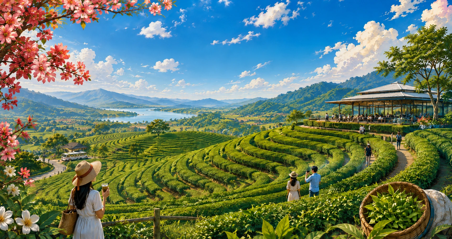 Vintage illustration of terraced tea fields at Choui Fong near Chiang Rai