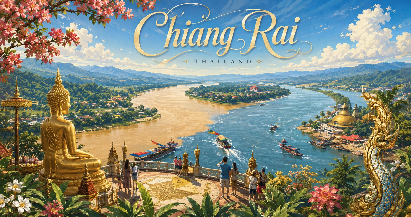 Vintage illustration of the Golden Triangle at the Mekong and Ruak rivers