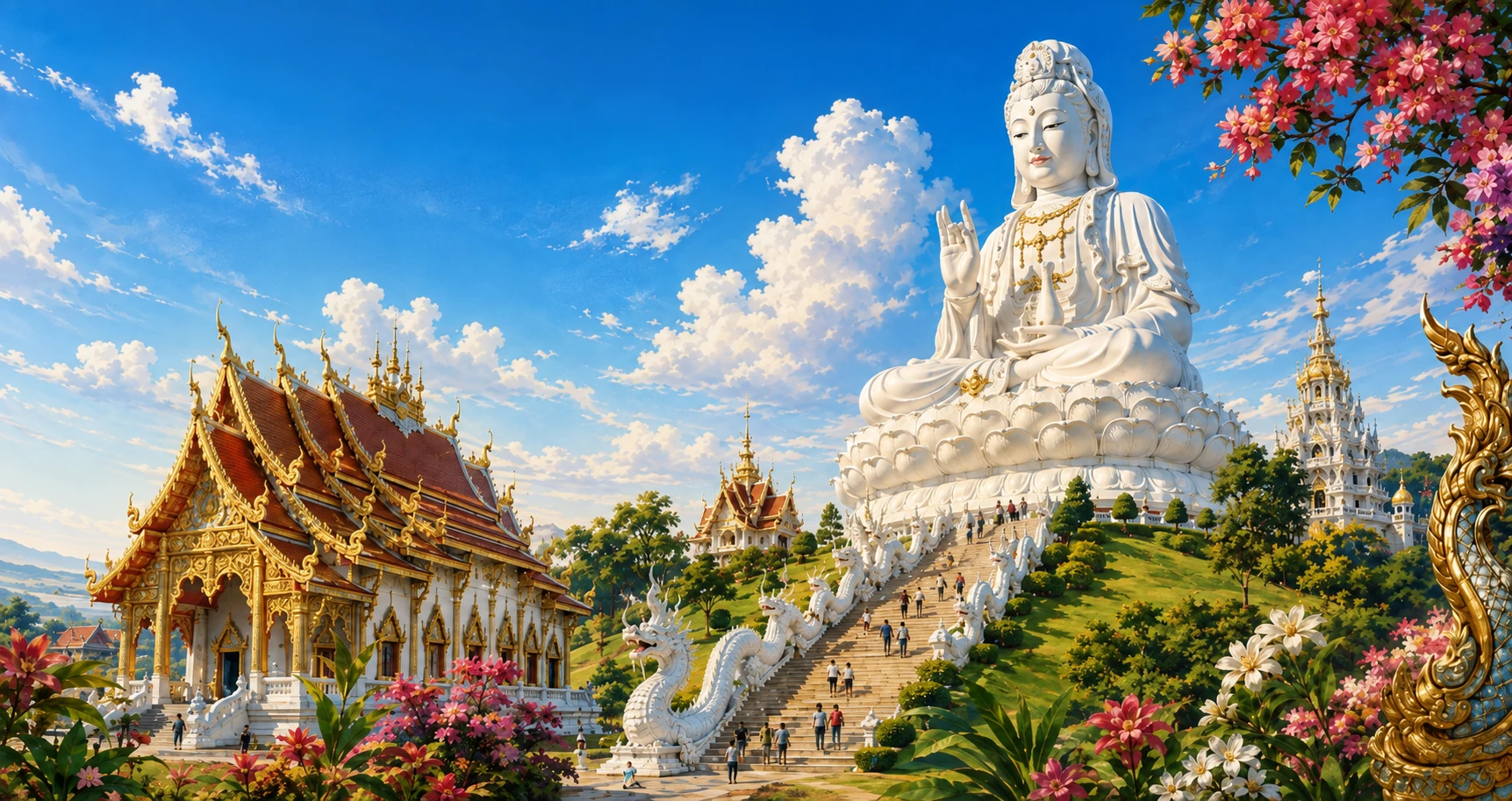 Vintage illustration of Wat Huay Pla Kang and its giant Guanyin in Chiang Rai
