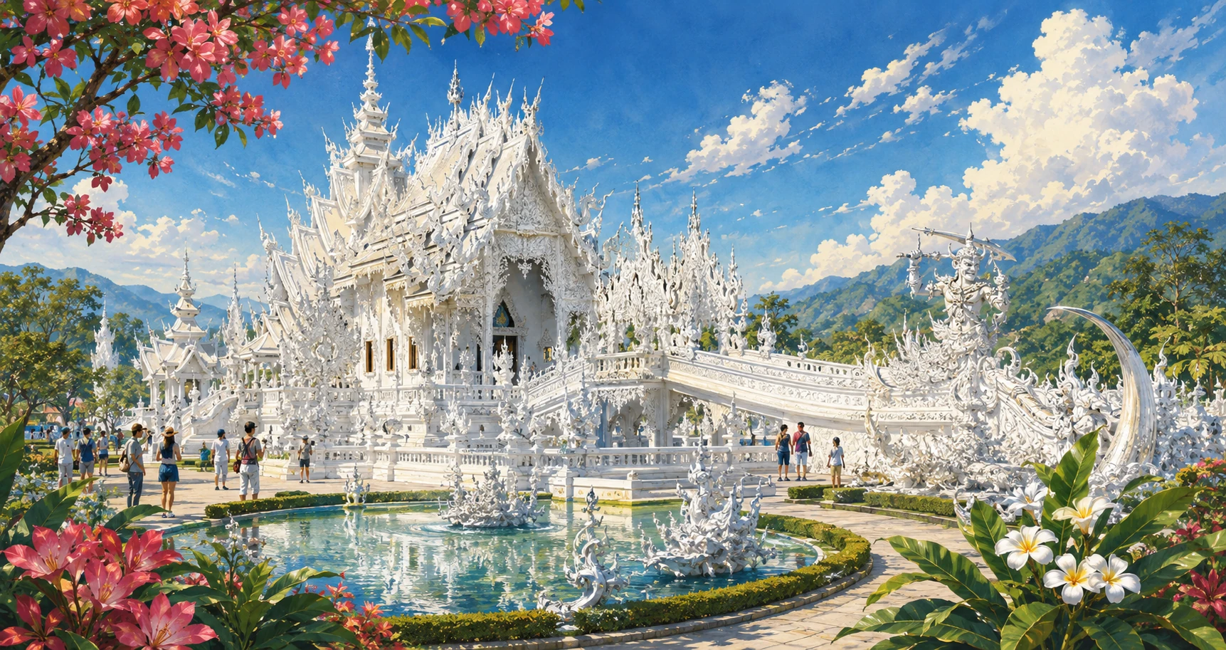 Vintage illustration of the White Temple Wat Rong Khun in Chiang Rai
