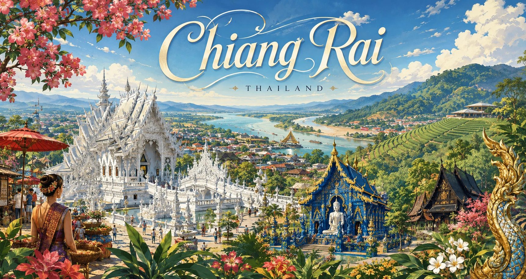 Vintage illustrated panorama of Chiang Rai temples, tea mountains, rivers, and travelers