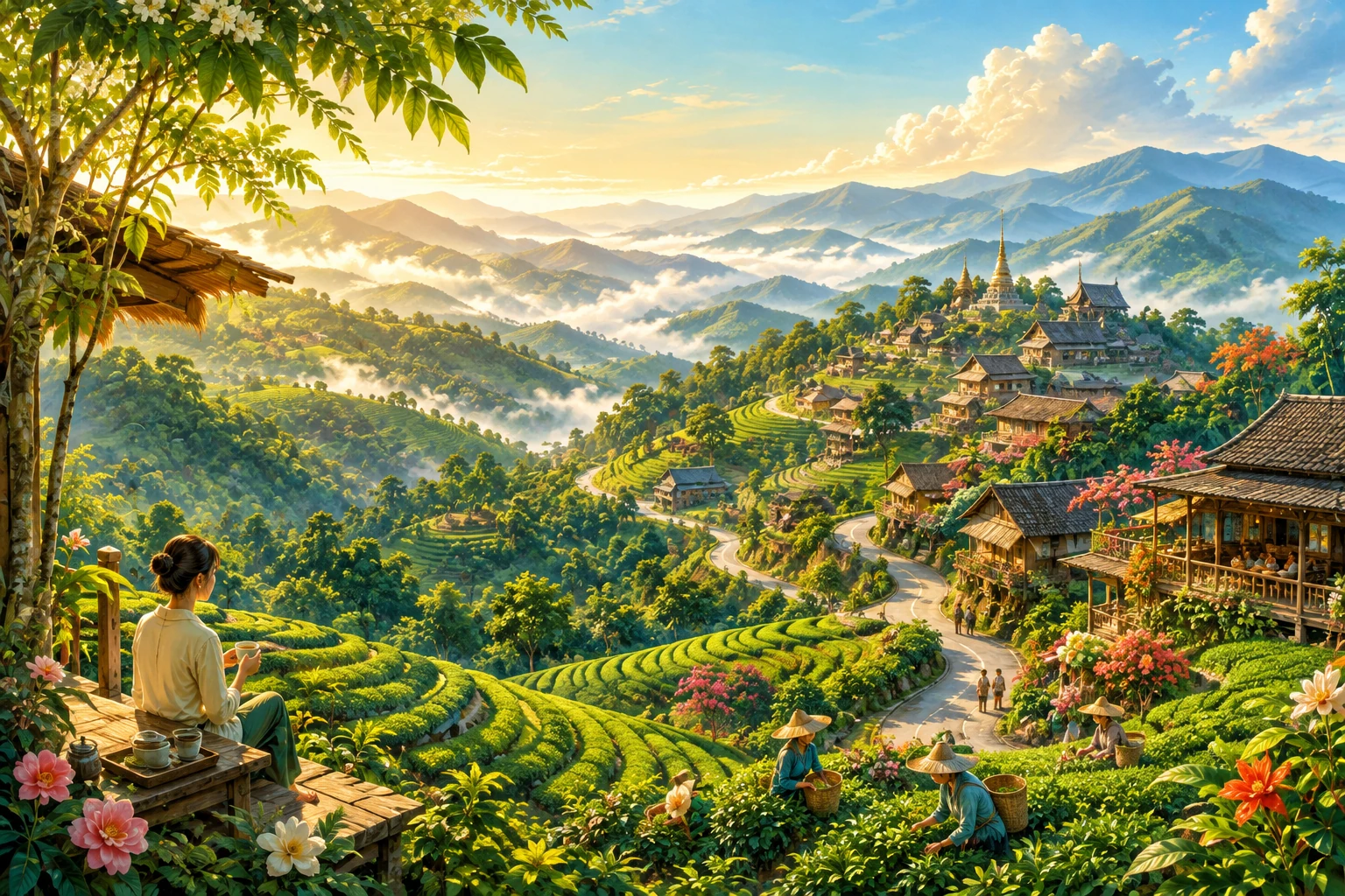 Vintage illustration of mountain tea terraces at Doi Mae Salong near Chiang Rai