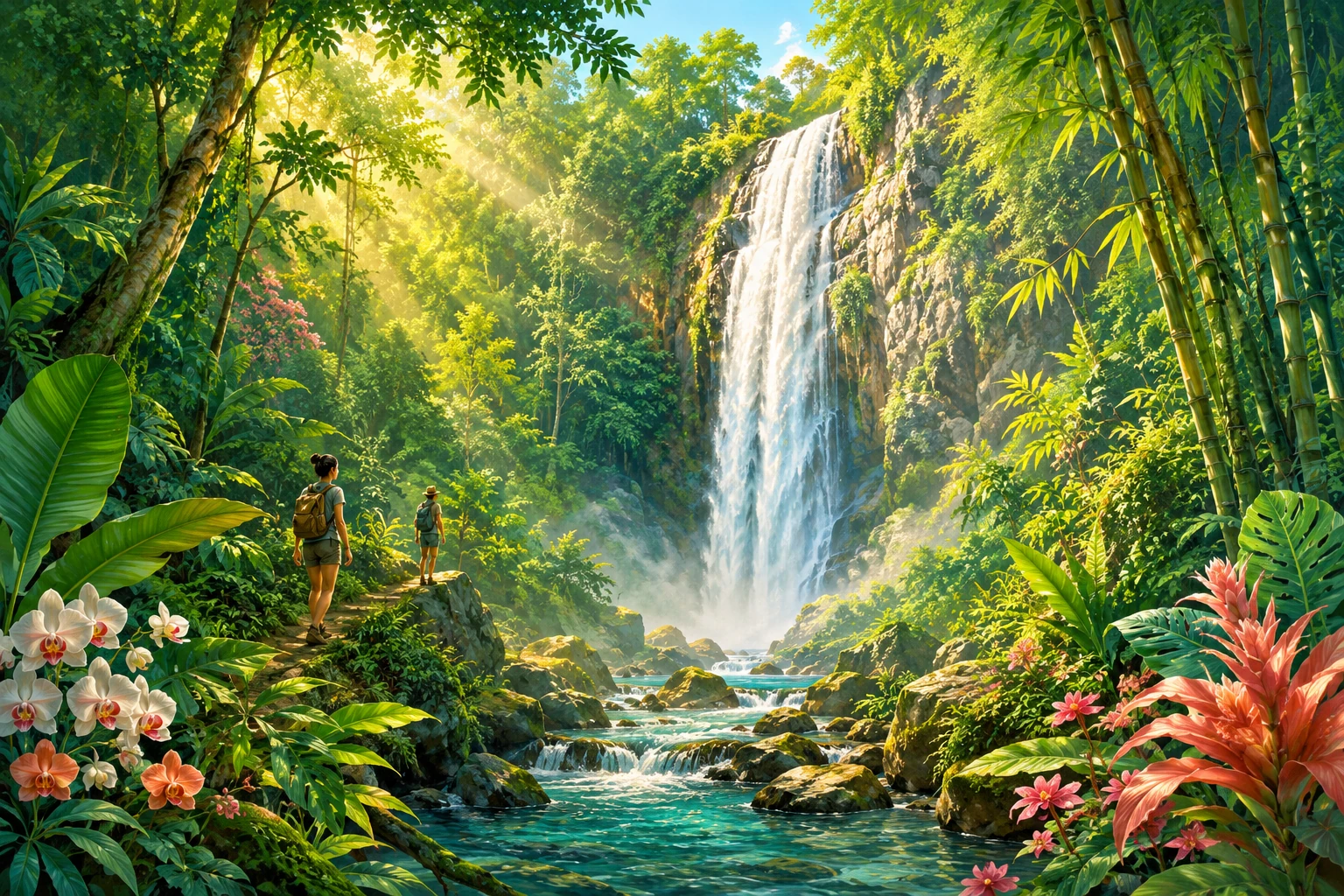 Vintage illustration of Khun Korn Waterfall near Chiang Rai